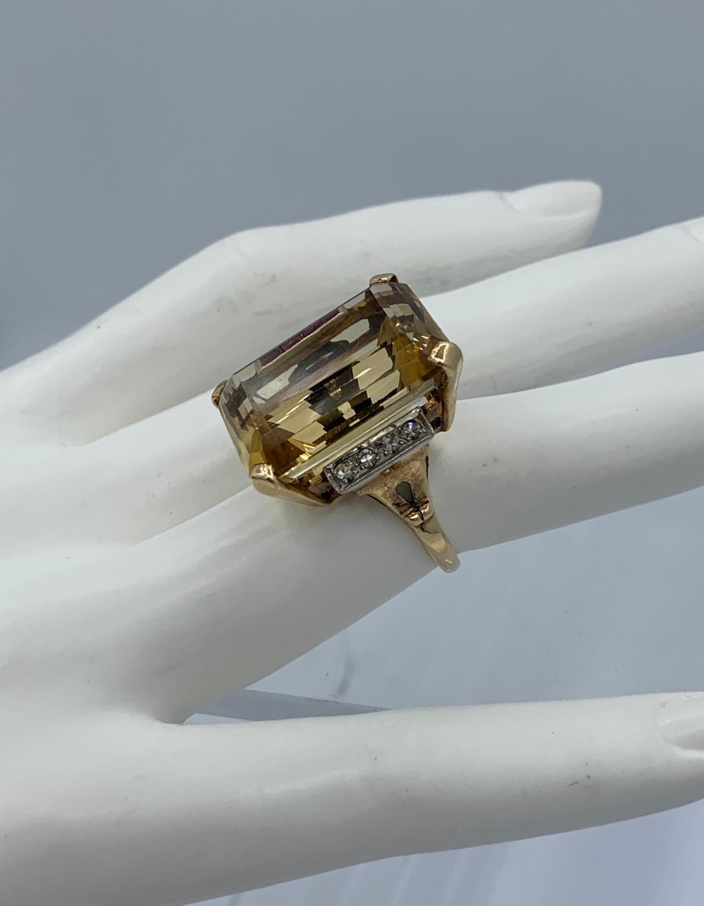 Retro 28 Carat Emerald Cut Citrine Ruby Diamond Ring 14 Karat Gold Art Deco For Sale 1