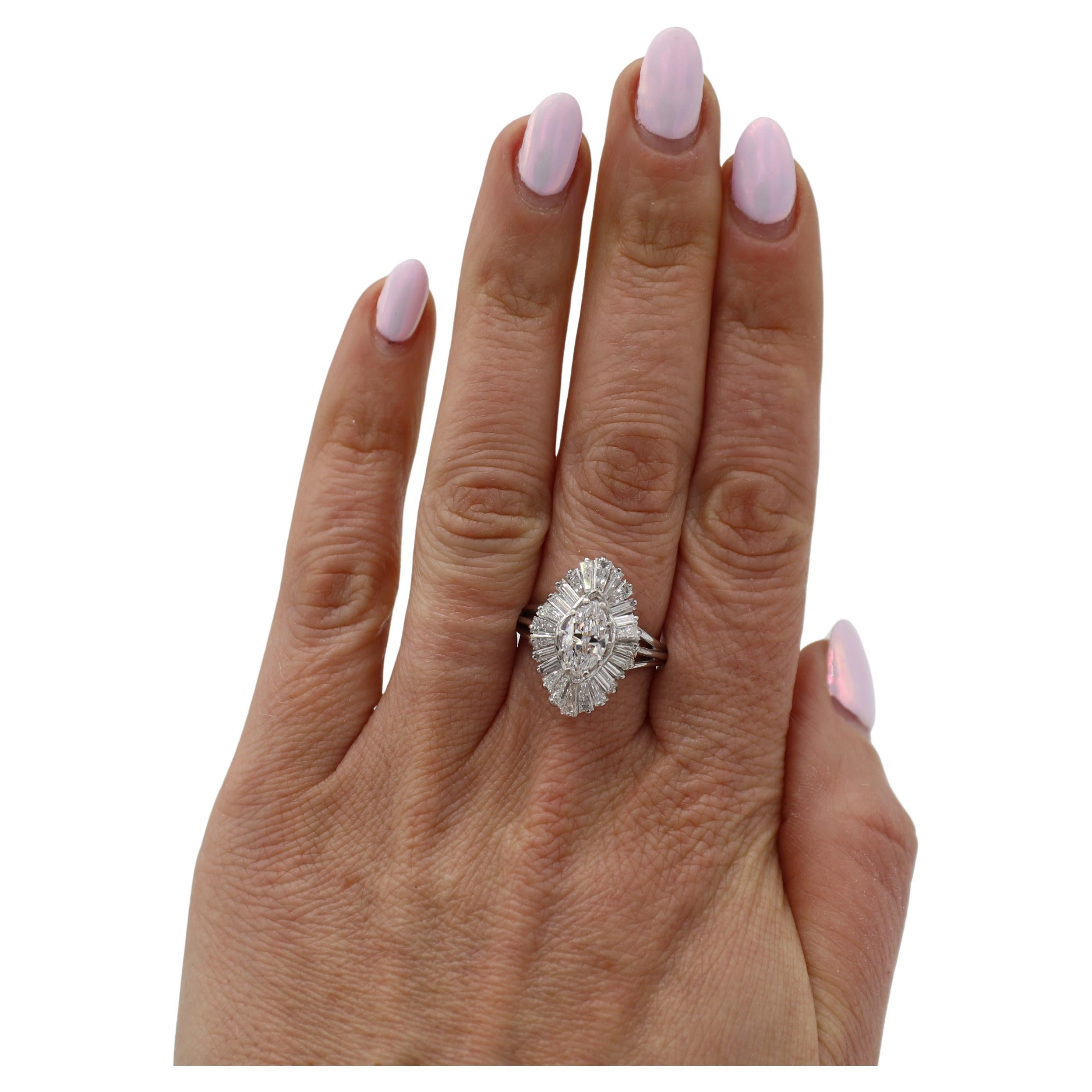Retro 2.80 Carats Natural Diamond Platinum Ballerina Cocktail Cluster Ring In Excellent Condition In  Baltimore, MD