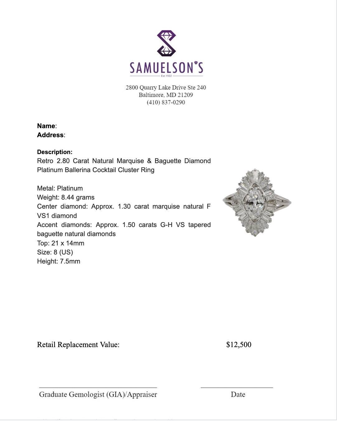 Women's Retro 2.80 Carats Natural Diamond Platinum Ballerina Cocktail Cluster Ring