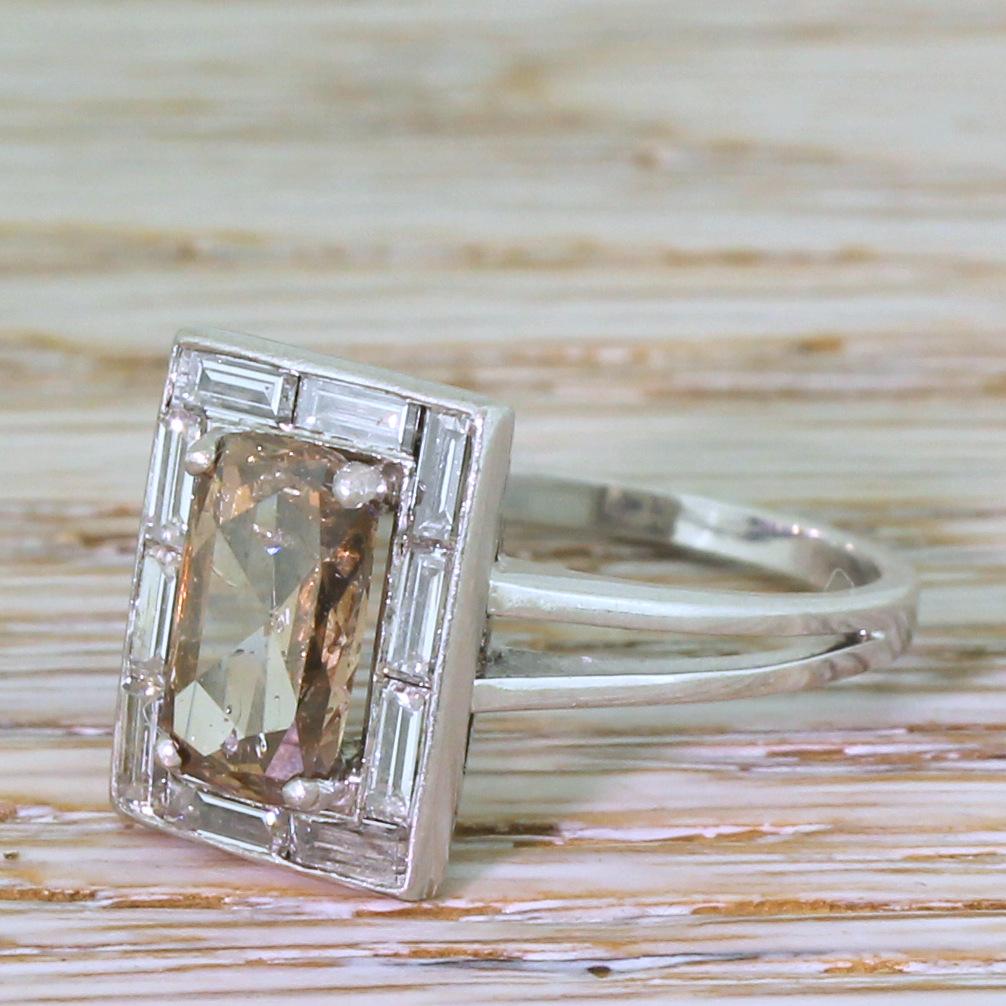 Retro 2.83 Carat Fancy Orangey Brown and Baguette Cut Diamond Ring 3