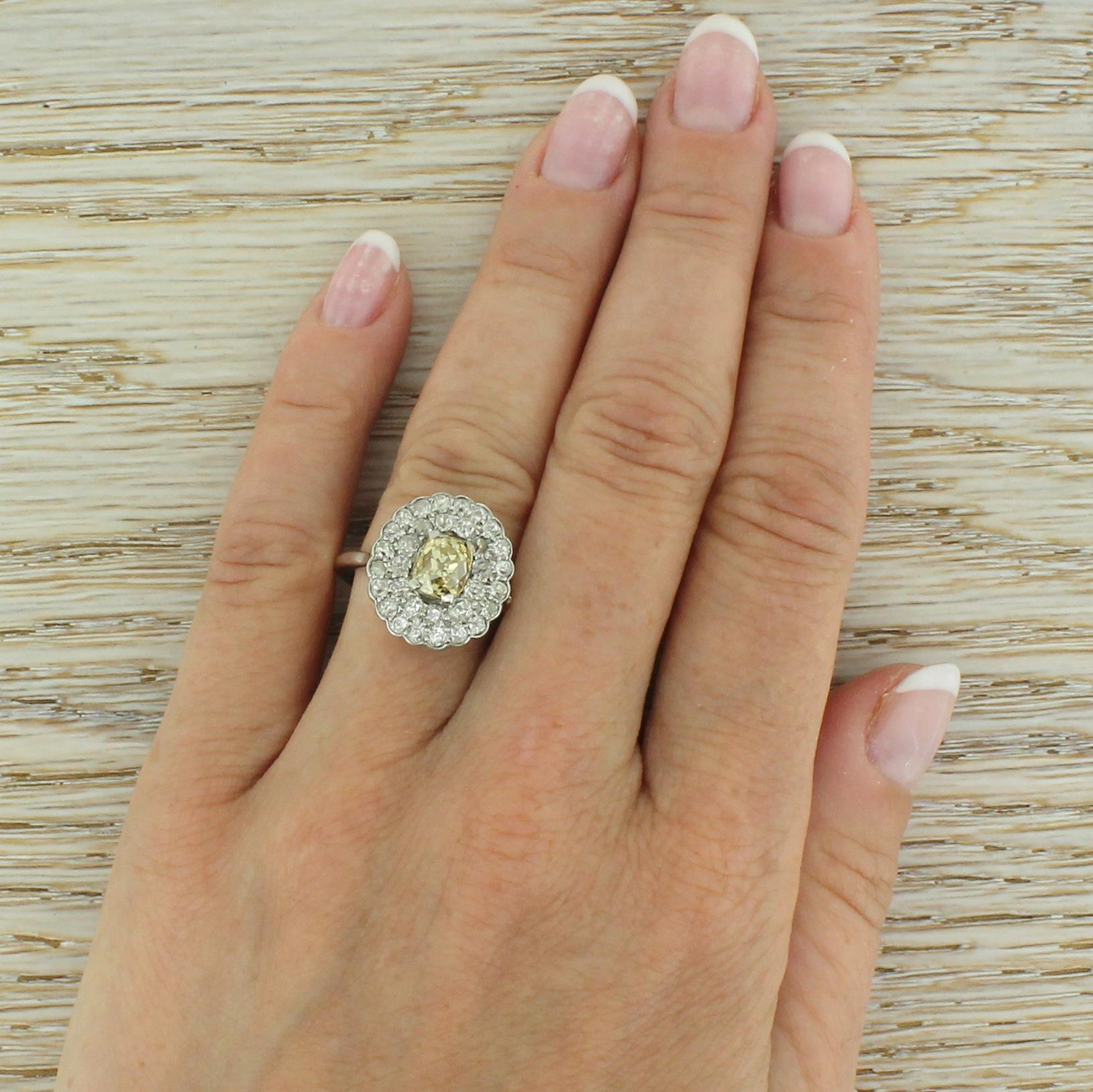 Women's or Men's Retro 2.87 Carat Fancy Yellow and White Old Cut Cluster Ring, circa 1955 For Sale