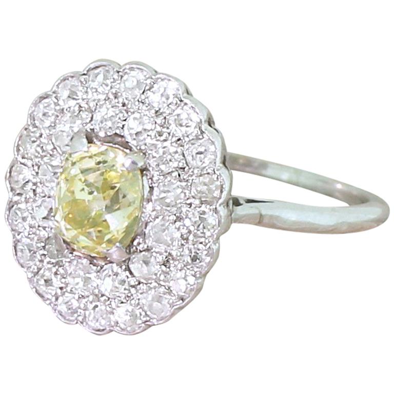 Retro 2.87 Carat Fancy Yellow and White Old Cut Cluster Ring, circa 1955 For Sale