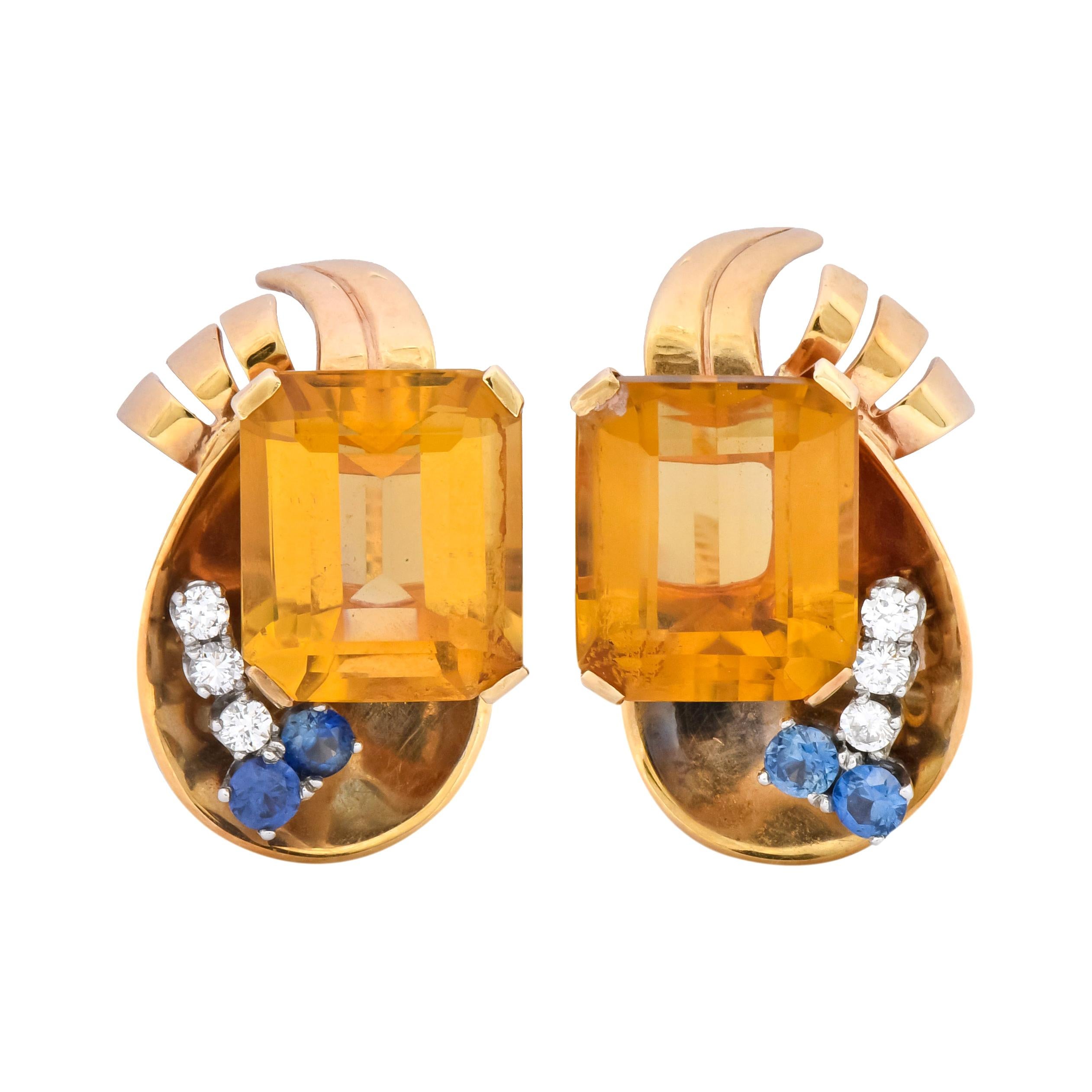 Retro 29.26 Carat Citrine Diamond Sapphire 14 Karat Gold Ear-Clip Earrings