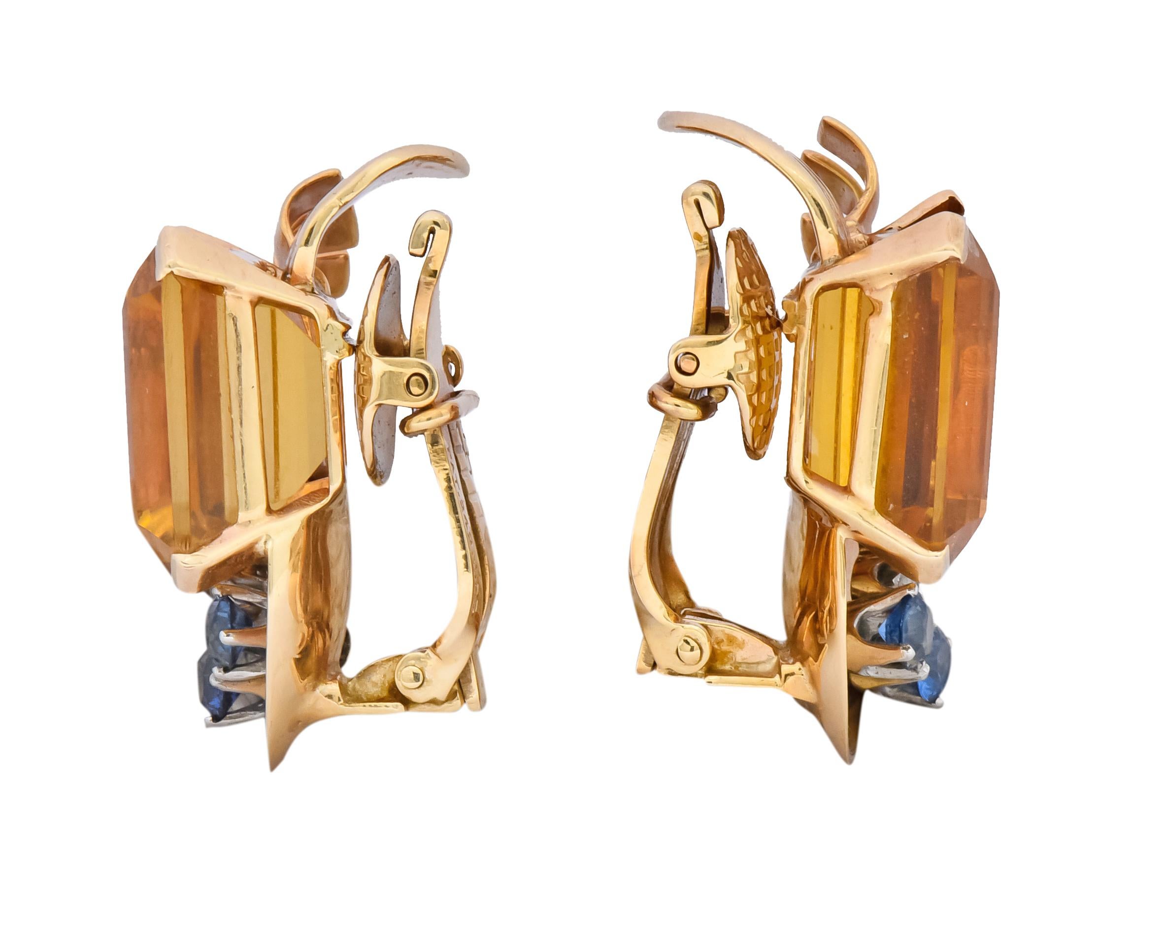 Retro 29.26 Carat Citrine Diamond Sapphire 14 Karat Gold Ear-Clip Earrings 1