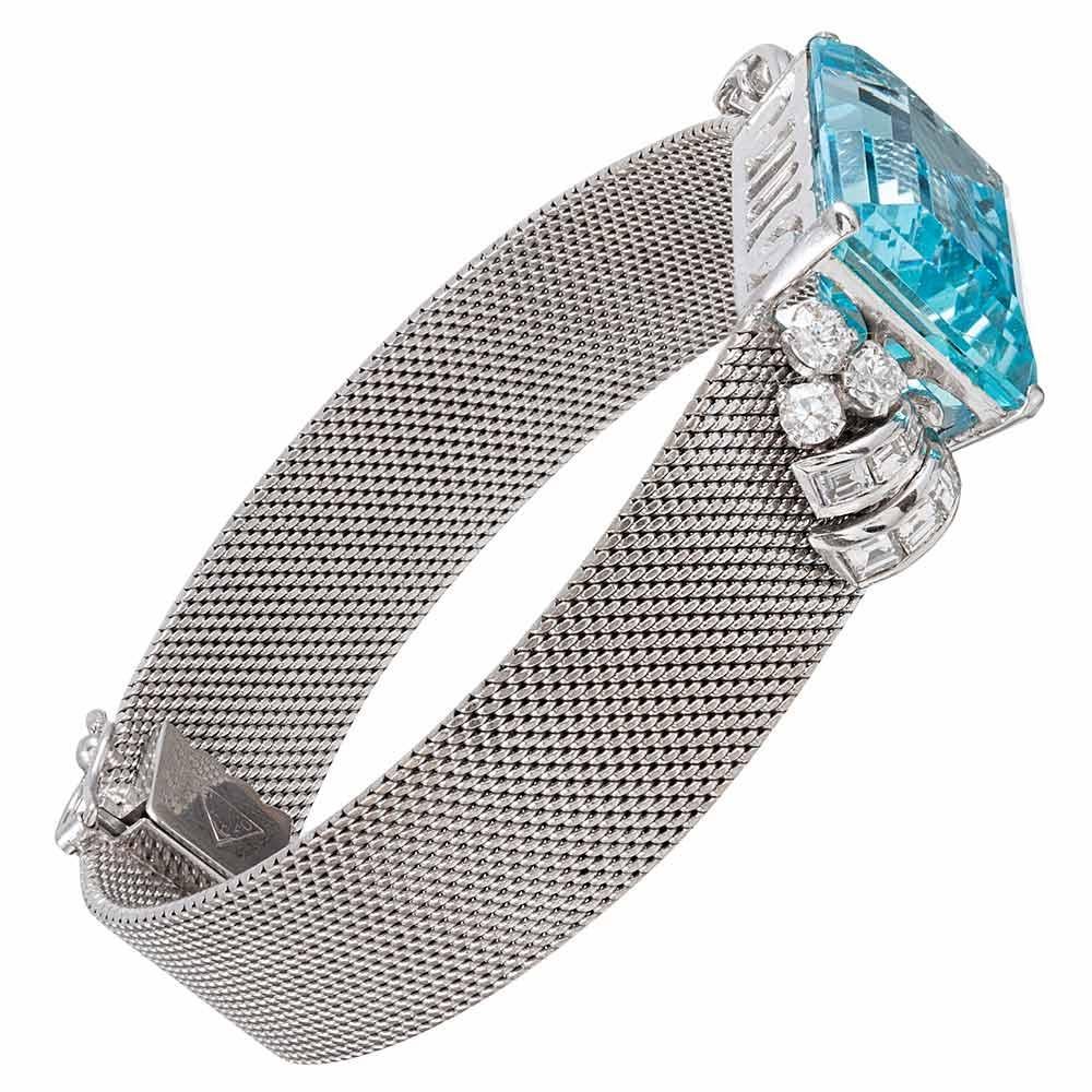 Design elements from the retro era aren’t as frequently found celebrated in platinum as they are in gold, making this a unique creation to enhance your jewelry box. The bracelet is 6.75 inches long and finished with a safety chain. The center