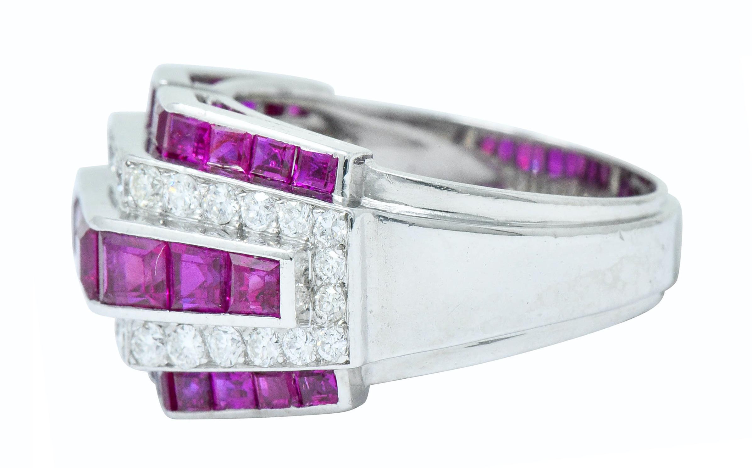 Women's or Men's Retro 3.00 Carat Diamond Ruby Platinum Stepped Band Ring, circa 1940
