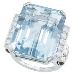 Retro 30.00 Carat Emerald Cut Aquamarine Diamond Palladium Cocktail Ring