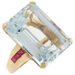 Retro 30.00 Total Carat Aquamarine and Ruby Cocktail Ring