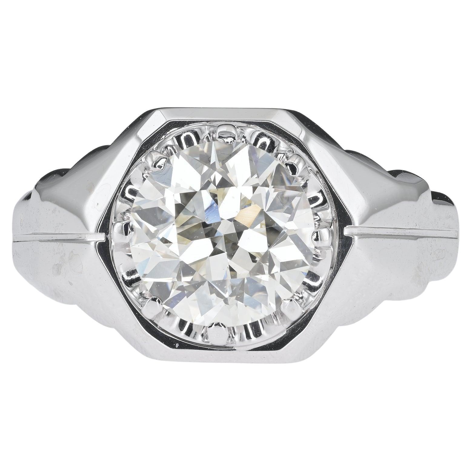 Retro 3.10 Ct Diamond Solitaire Gent Ring 18 KT For Sale