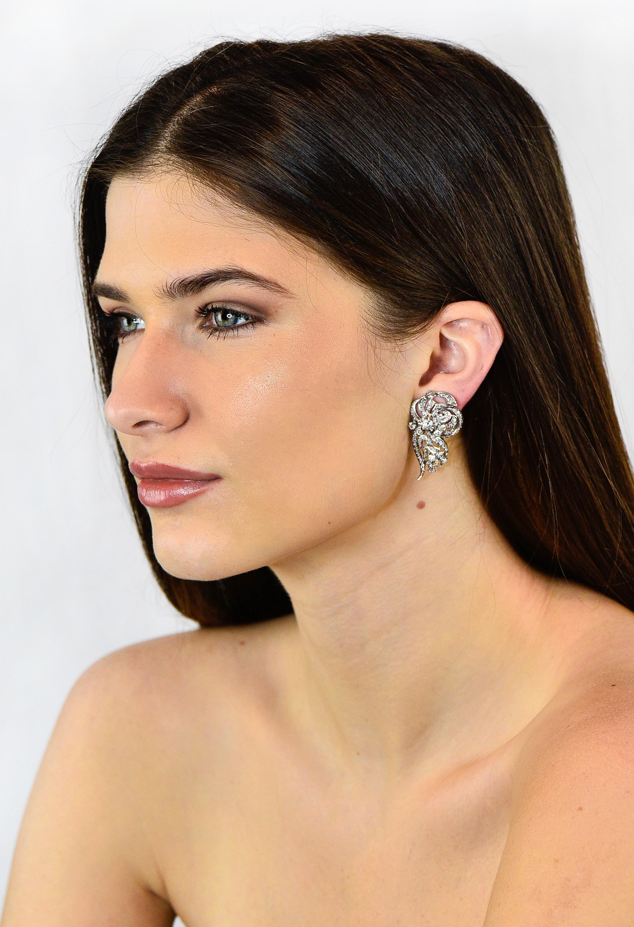 Retro 3.20 Carat Diamond Platinum Floral Cluster Earrings 4