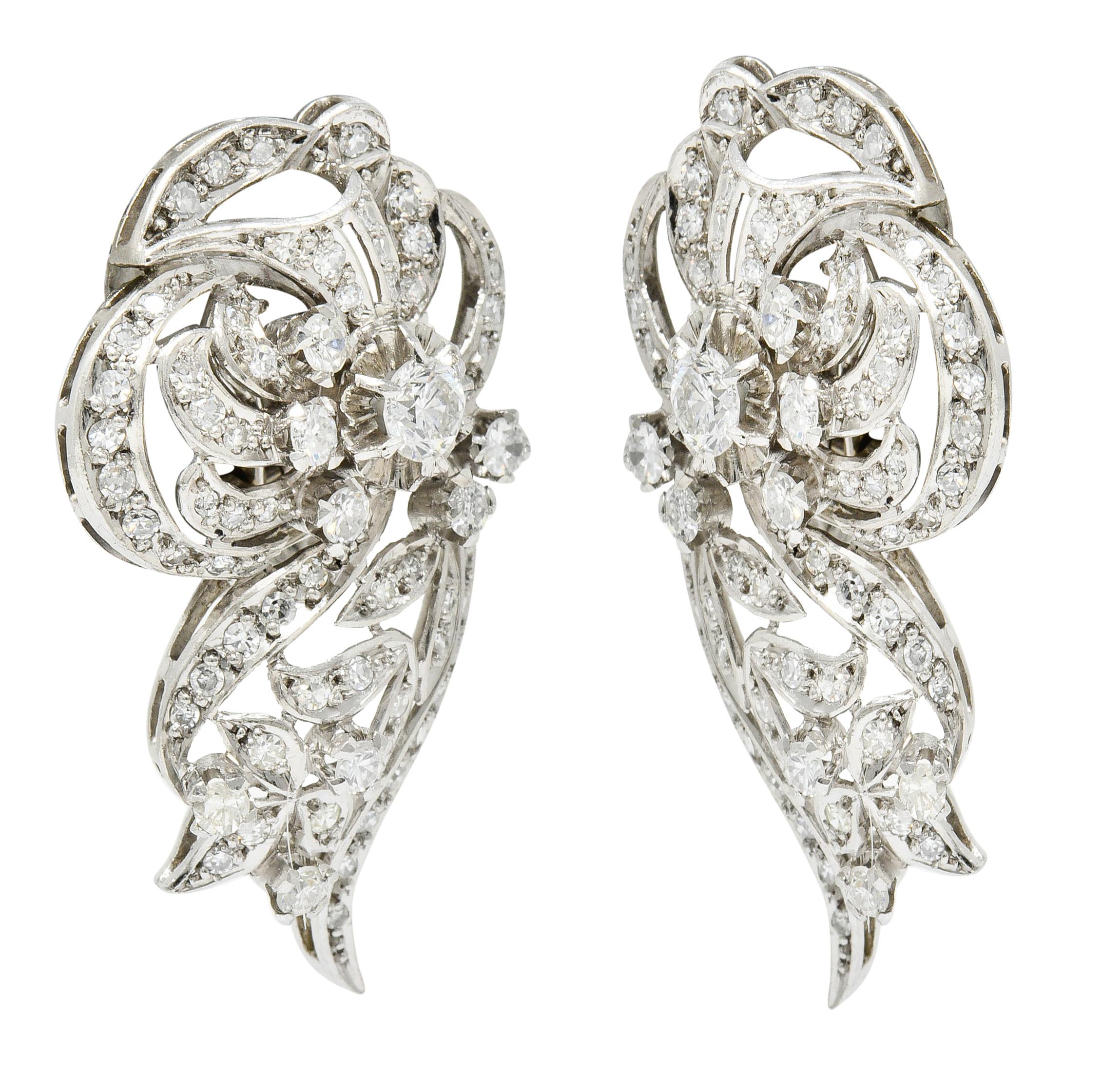 Retro 3.20 Carat Diamond Platinum Floral Cluster Earrings 2