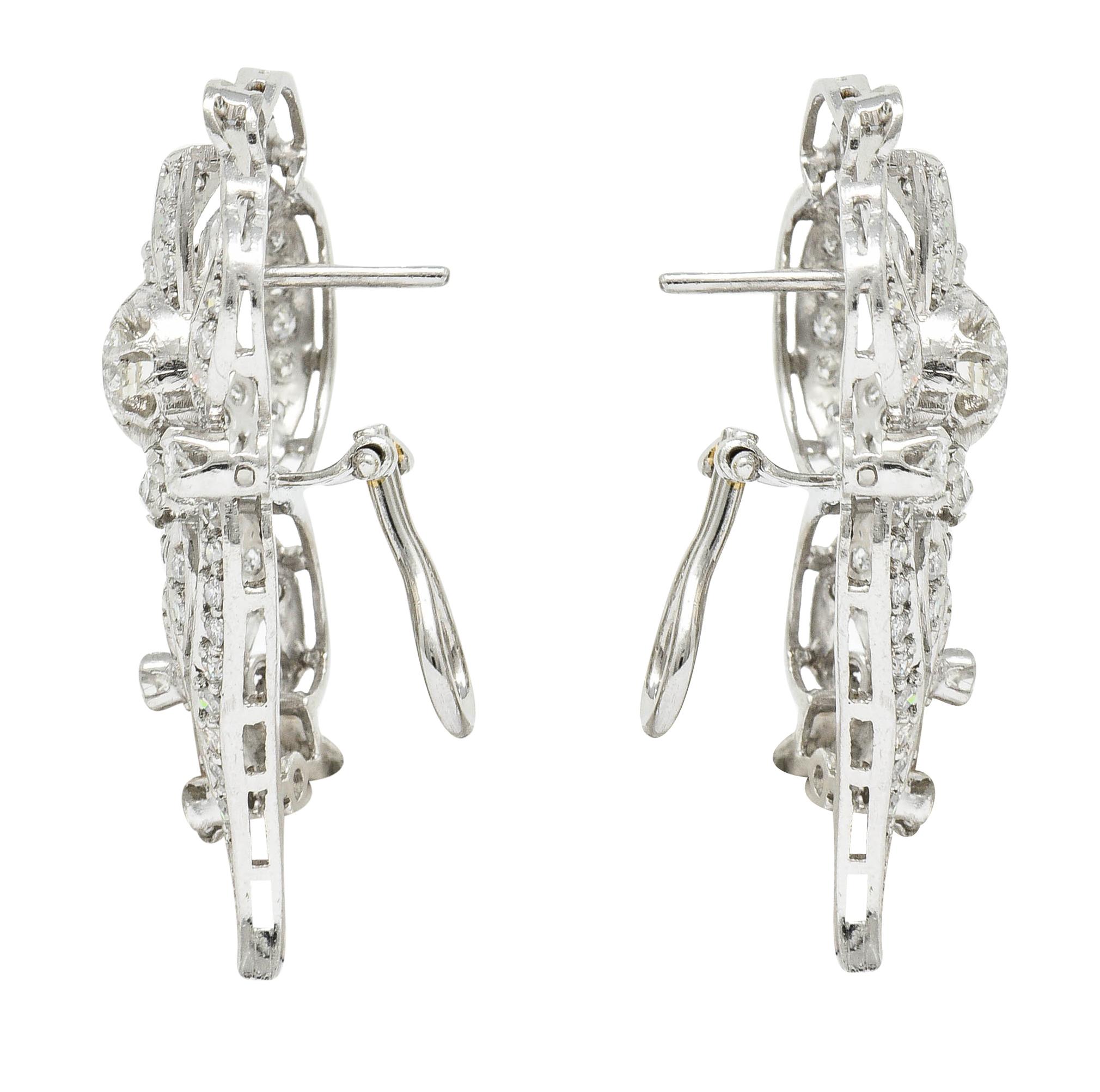 Retro 3.20 Carat Diamond Platinum Floral Cluster Earrings In Excellent Condition In Philadelphia, PA