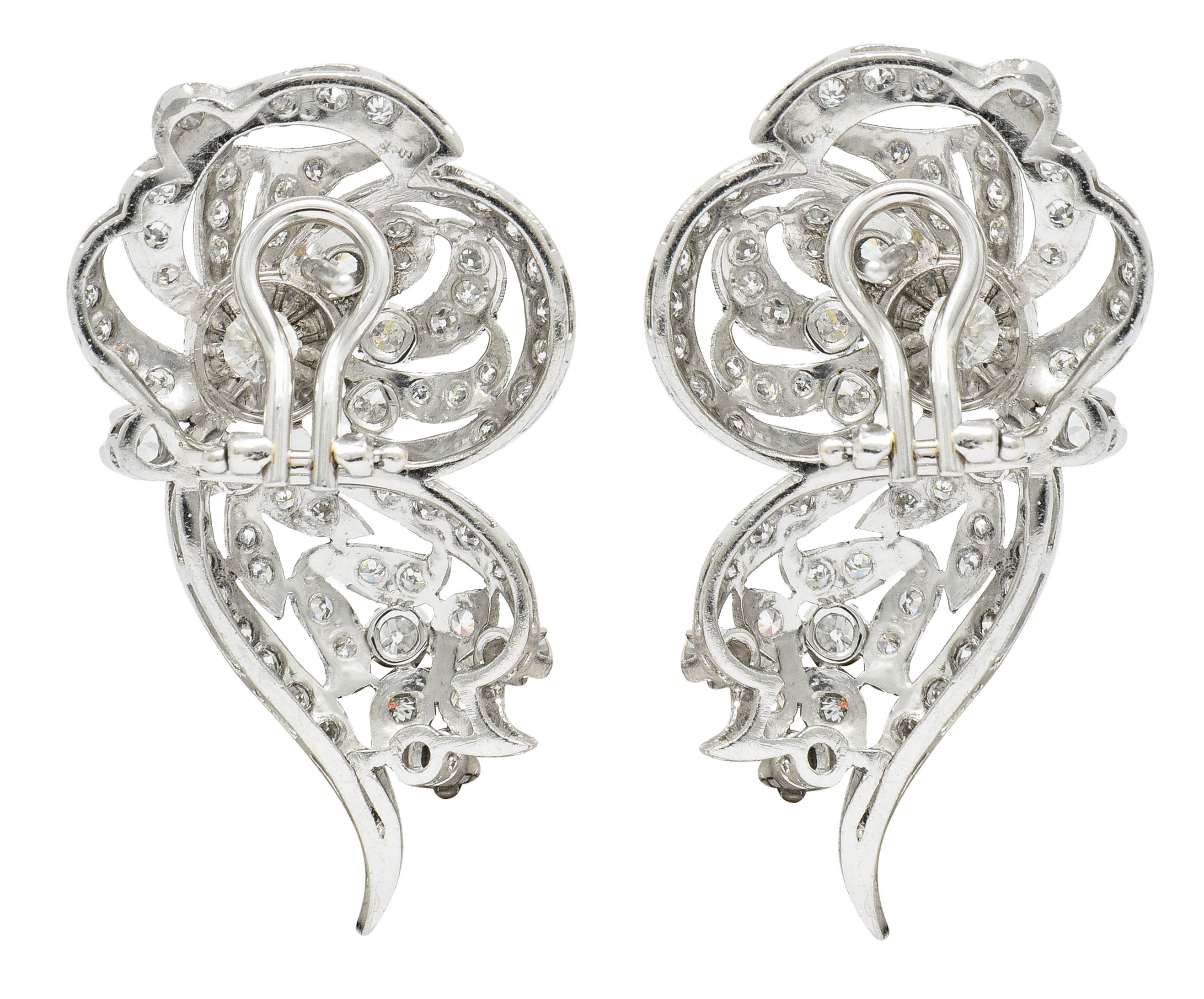 Brilliant Cut Retro 3.20 Carat Diamond Platinum Floral Cluster Earrings