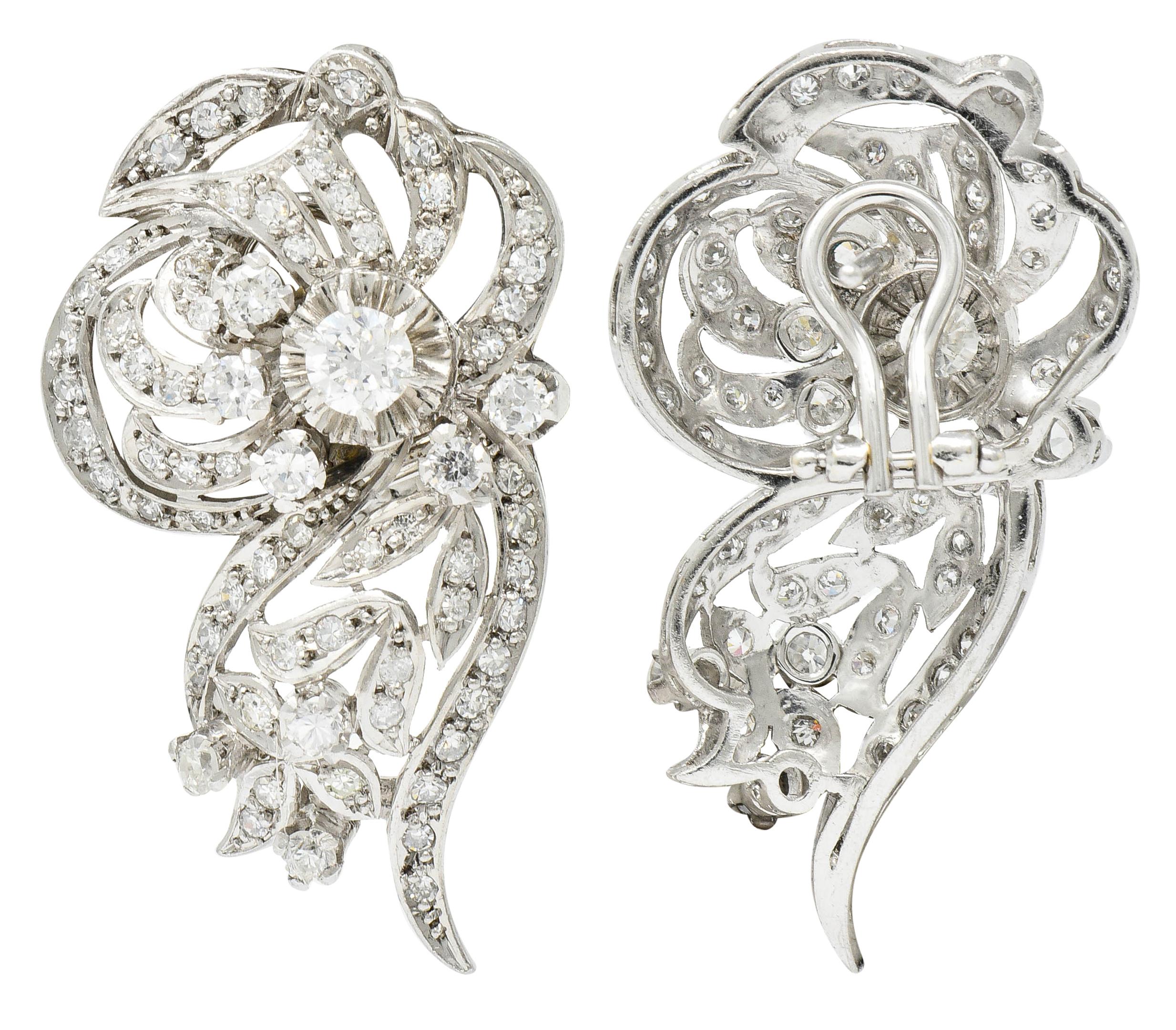 Women's or Men's Retro 3.20 Carat Diamond Platinum Floral Cluster Earrings