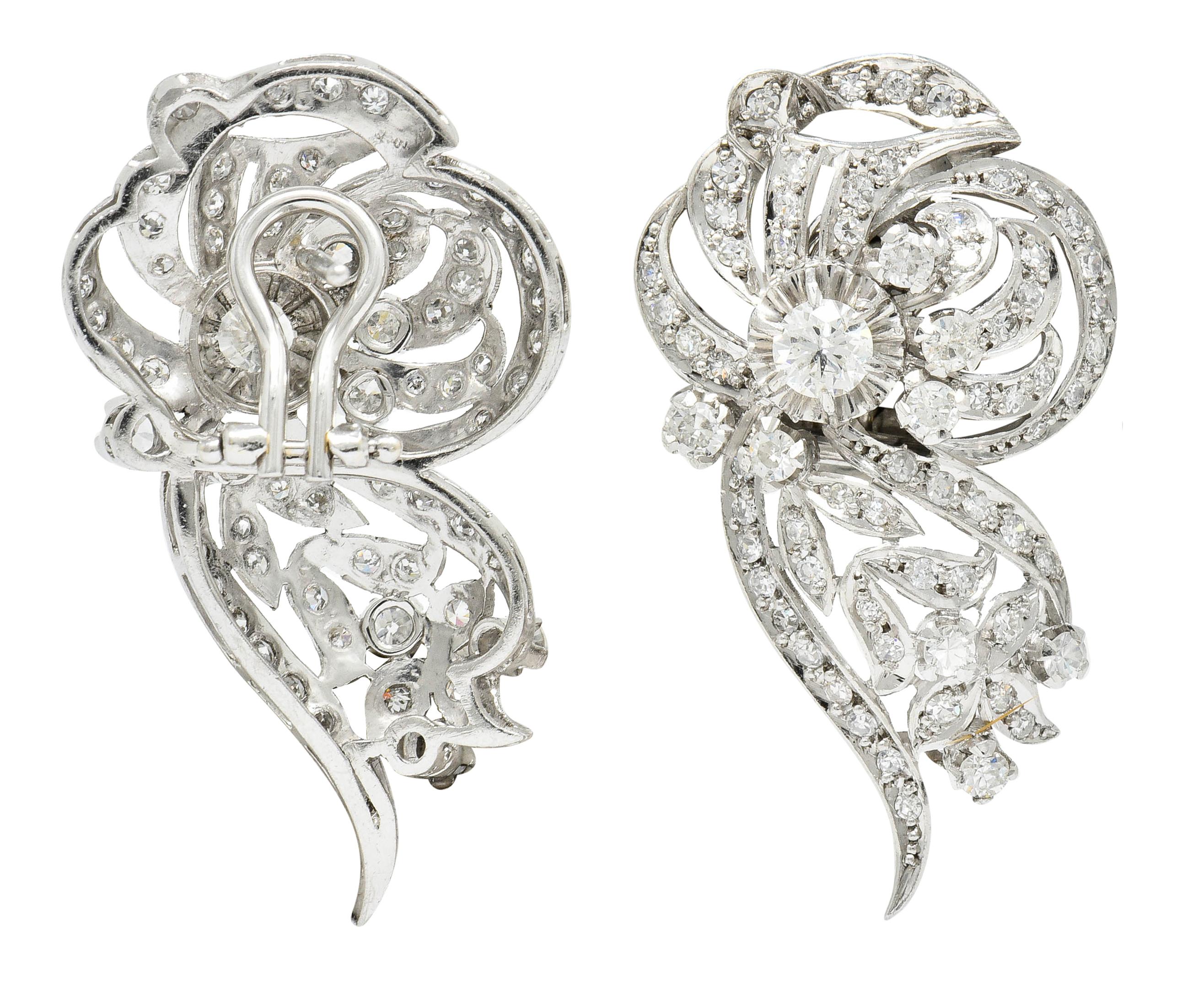 Retro 3.20 Carat Diamond Platinum Floral Cluster Earrings 1