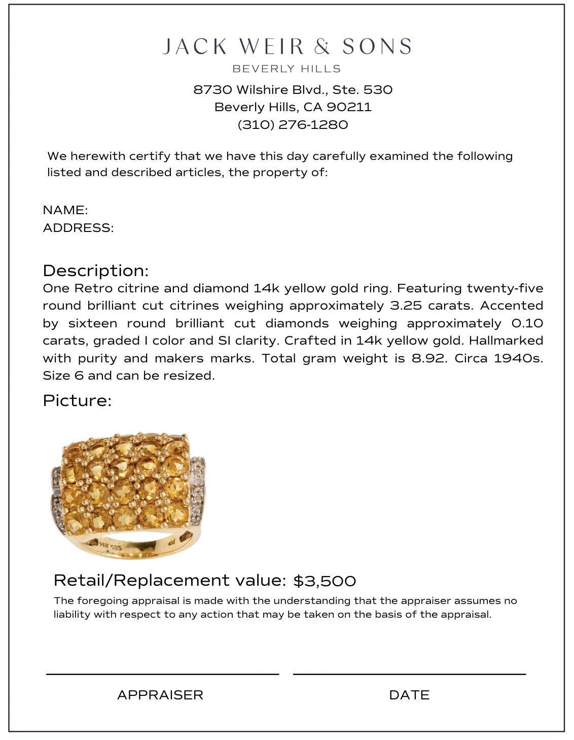 Retro 3.25 carat citrine diamond 14k yellow gold tank ring en venta 1