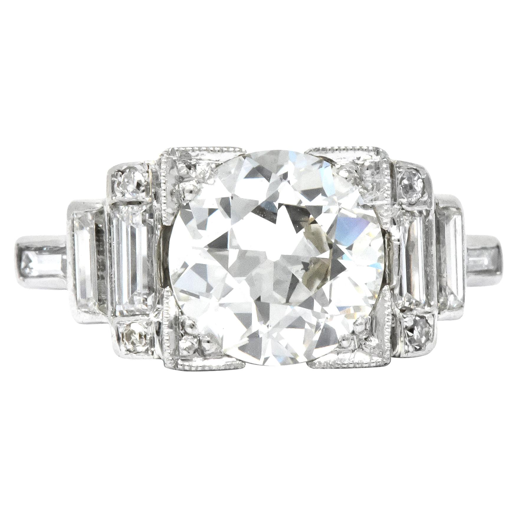 Retro 3.29 Carat Old European Diamond Platinum Engagement Ring GIA, circa 1940s