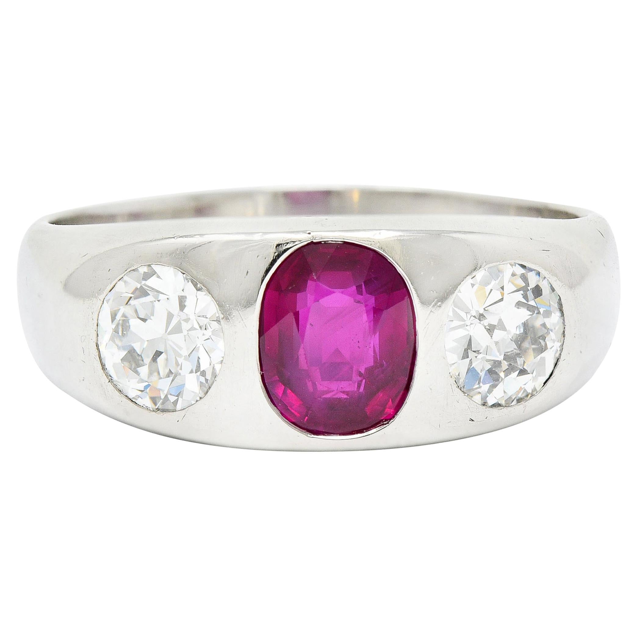 Retro 3.39 Carats No Heat Burma Ruby Diamond Platinum Unisex Gypsy Band Ring AGL For Sale