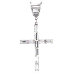 Retro 3.40 Carat Baguette Cut Diamond Platinum Cross Pendant