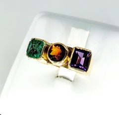 Retro 3.50 Carat Emerald, Amber and Amethyst Gemstone Ring 14 Karat Gold