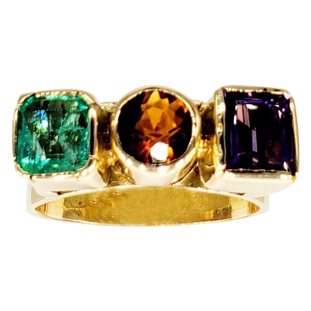 Retro 3.50 Carat Emerald, Amber and Amethyst Gemstone Ring 14 Karat Gold For Sale