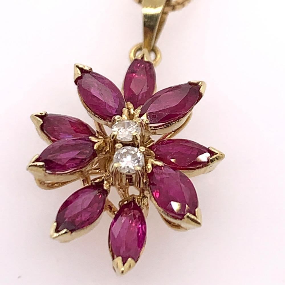 Retro 3.50 Carat Natural Marquise Ruby and Round Brilliant Diamond Gold Pendant In Good Condition In Los Angeles, CA