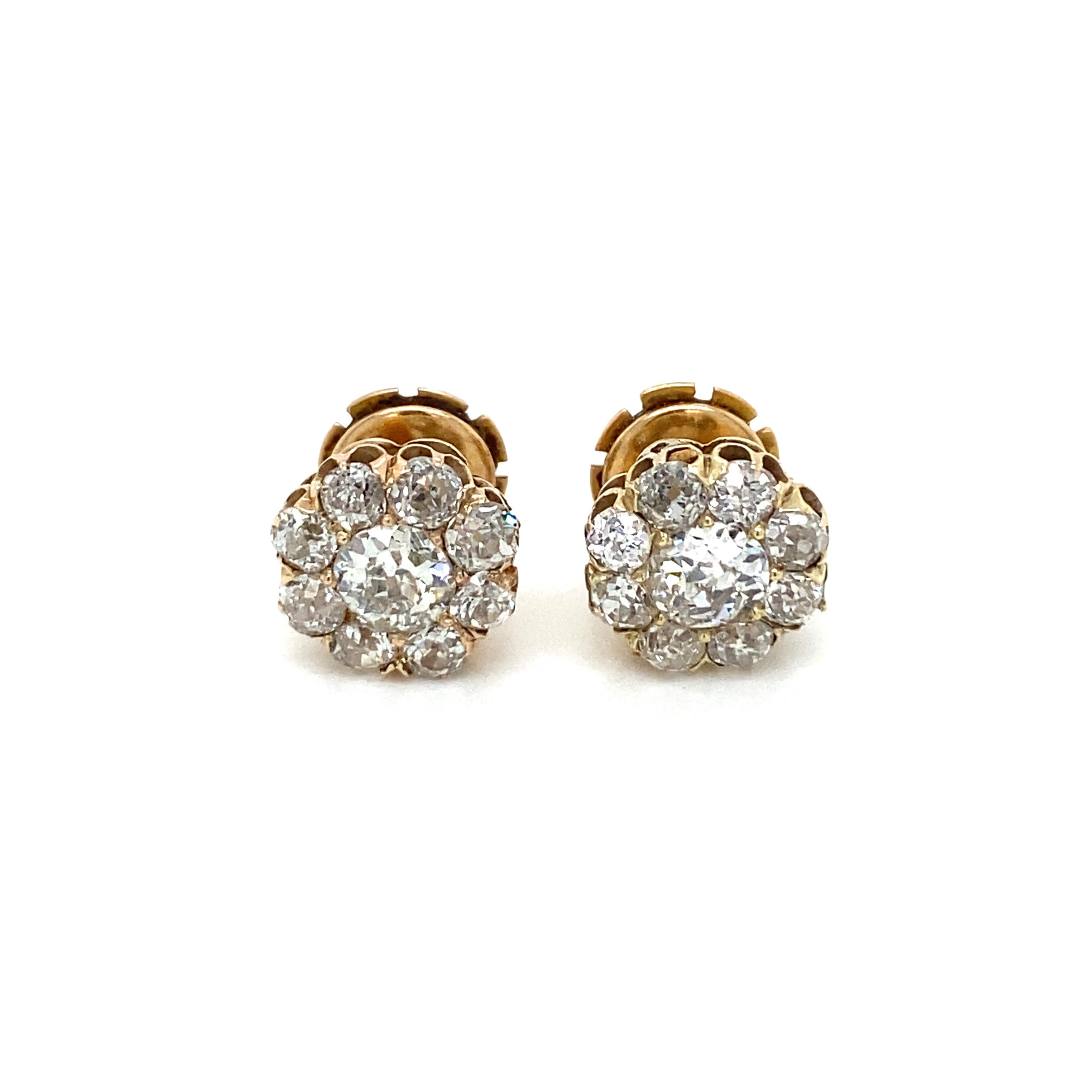 Women's Retro 3.70 Carats Old Mine Cut Diamond Cluster Stud Earrings For Sale