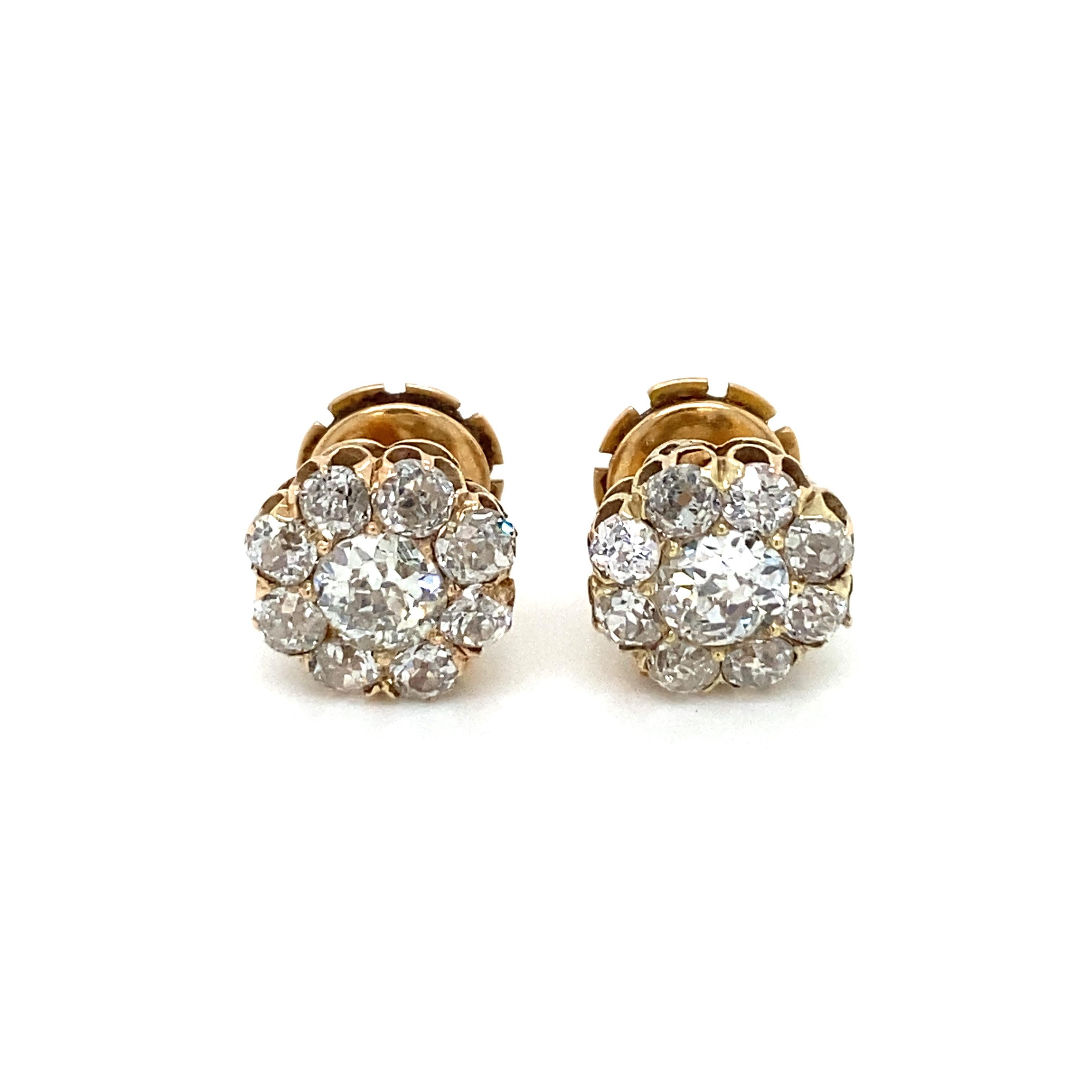 Retro 3.70 Carats Old Mine Cut Diamond Cluster Stud Earrings For Sale 2