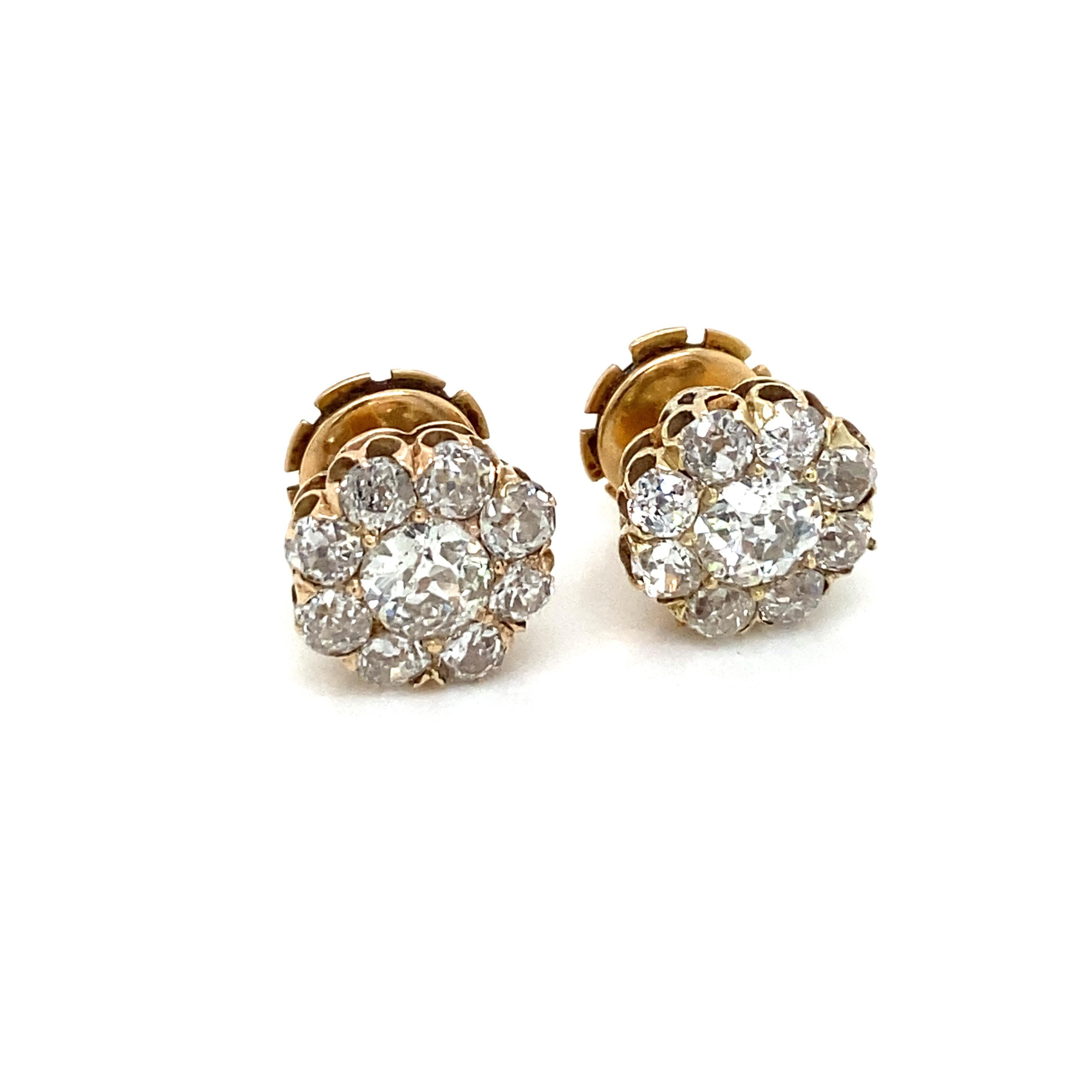 Retro 3.70 Carats Old Mine Cut Diamond Cluster Stud Earrings For Sale 3