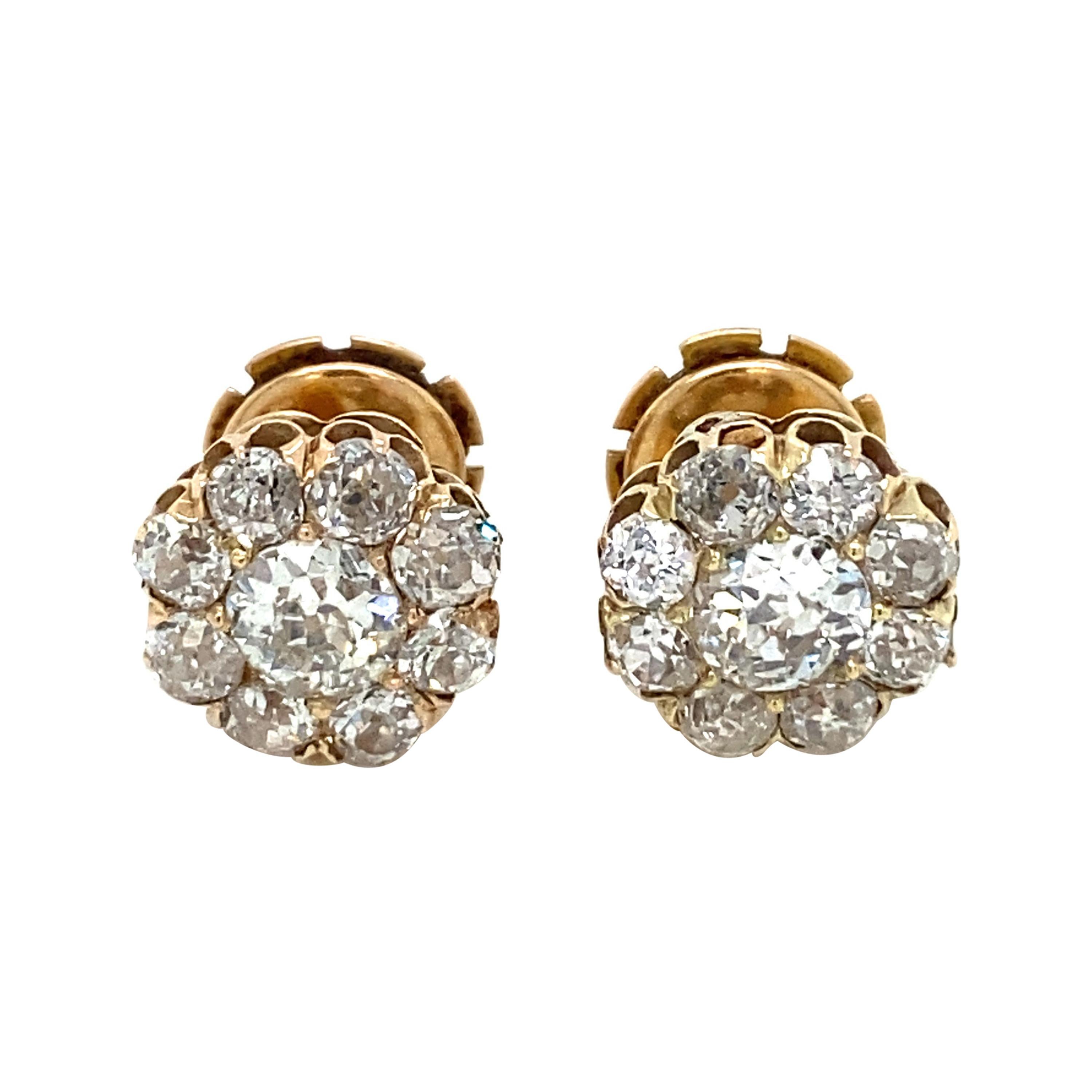 Retro 3.70 Carats Old Mine Cut Diamond Cluster Stud Earrings For Sale