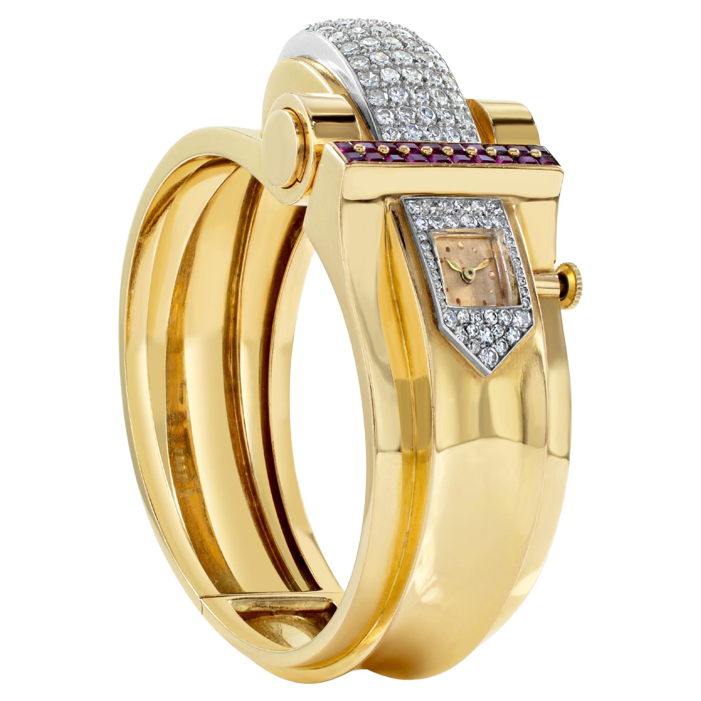 Retro 3,80 Karat Rundschliff Diamant & 1,50 Karat Rubin 18K Gelbgold Uhr im Angebot