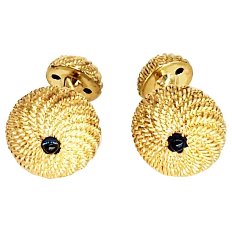 Retro 3D Rope Swirls Blue Sapphire Cabochon Cufflinks 14 Karat Gold For Sale