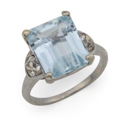 Retro 4 Karat Aquamarin Diamant Platin 3 Stein Ring