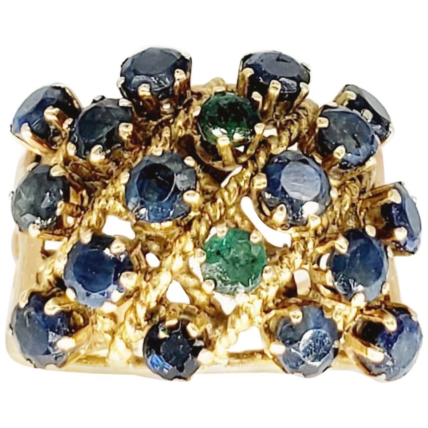 Retro 4.00 Carat Blue Sapphires & Emeralds Cocktail Rope Design Ring