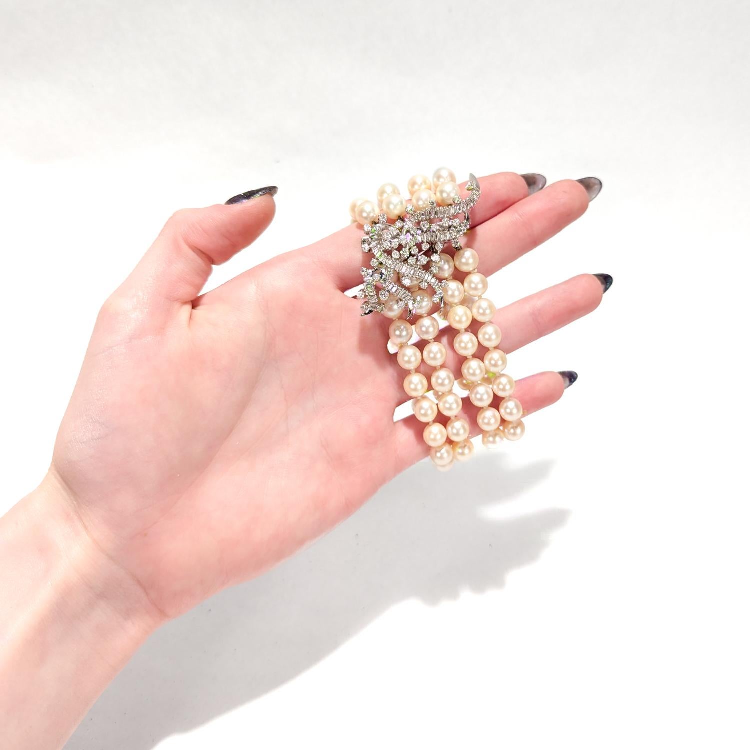 Retro 4-Strand Cultured Pearl, 18k White Gold, and Diamond Bracelet For Sale 5