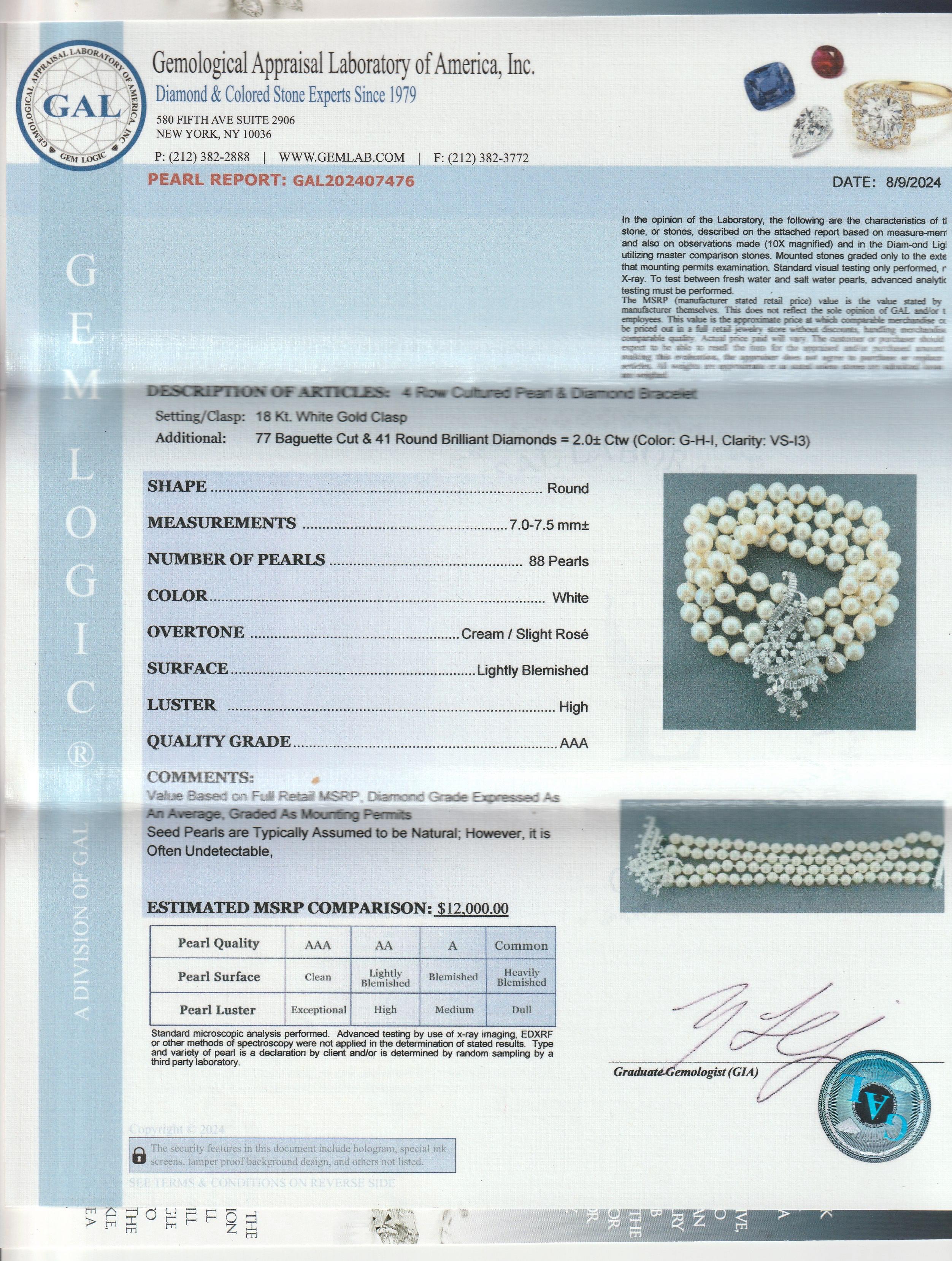 Retro 4-Strand Cultured Pearl, 18k White Gold, and Diamond Bracelet For Sale 6