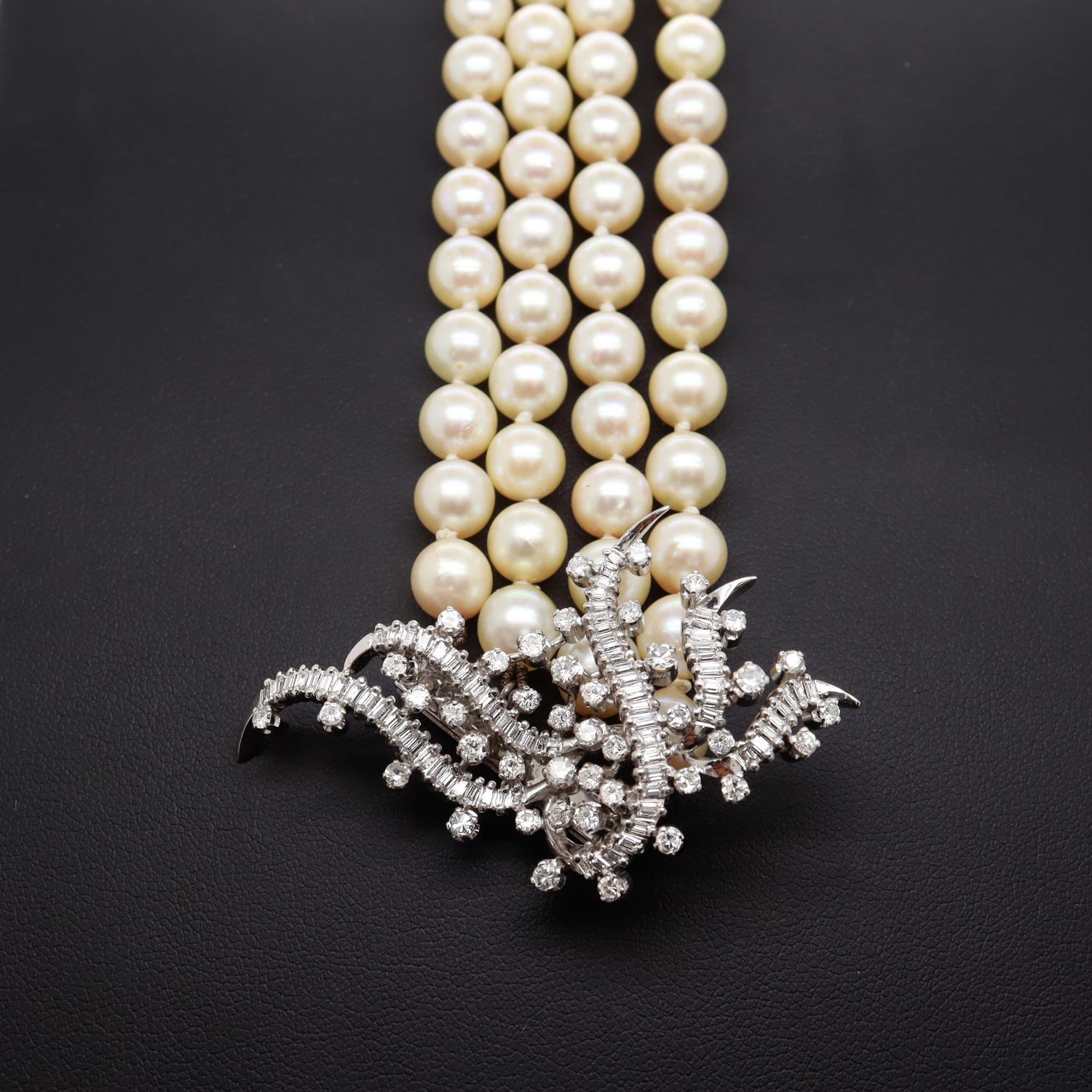 Retro 4-Strand Cultured Pearl, 18k White Gold, and Diamond Bracelet For Sale 7