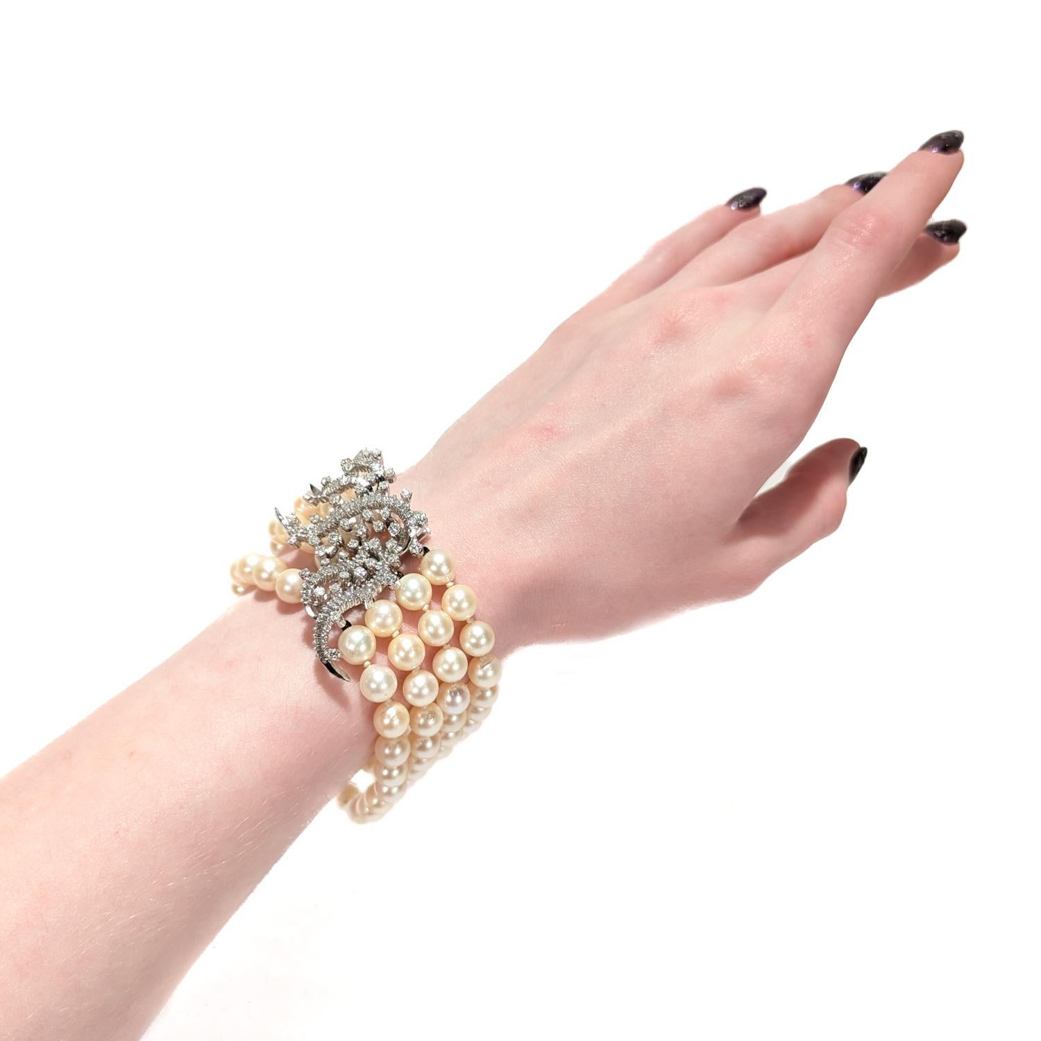Round Cut Retro 4-Strand Cultured Pearl, 18k White Gold, and Diamond Bracelet For Sale