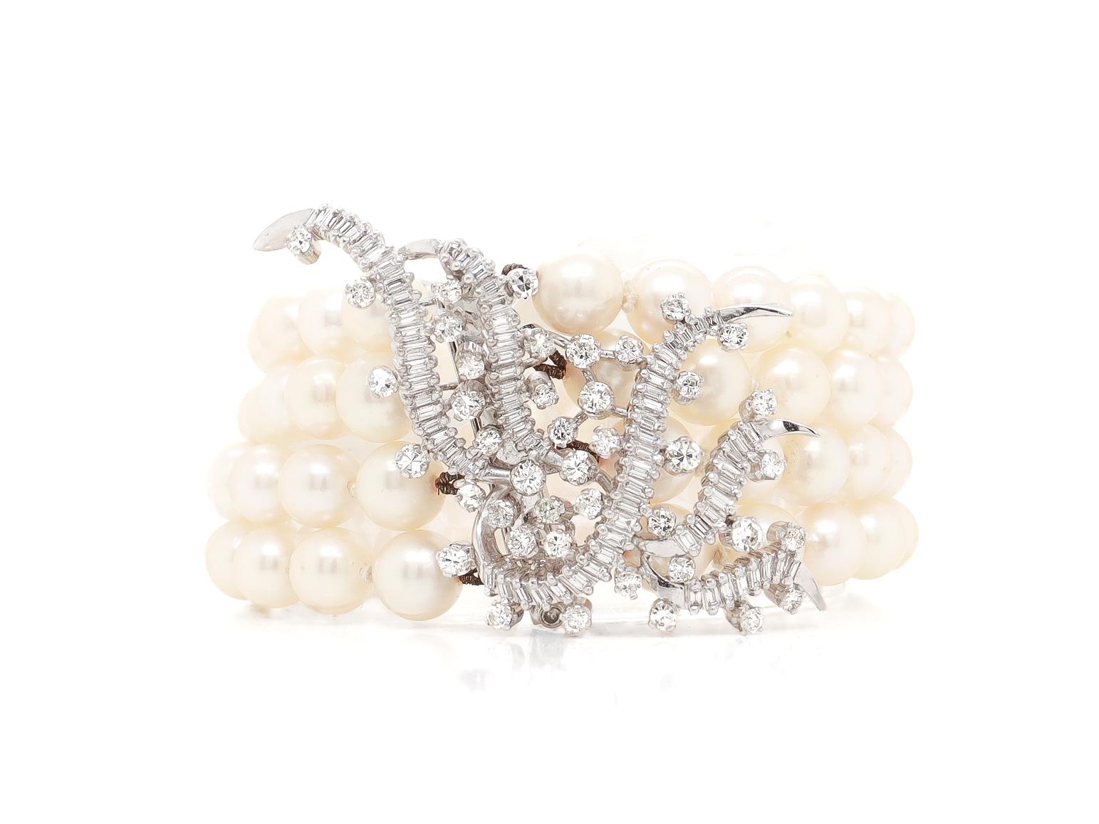 Retro 4-Strand Cultured Pearl, 18k White Gold, and Diamond Bracelet In Good Condition For Sale In Philadelphia, PA