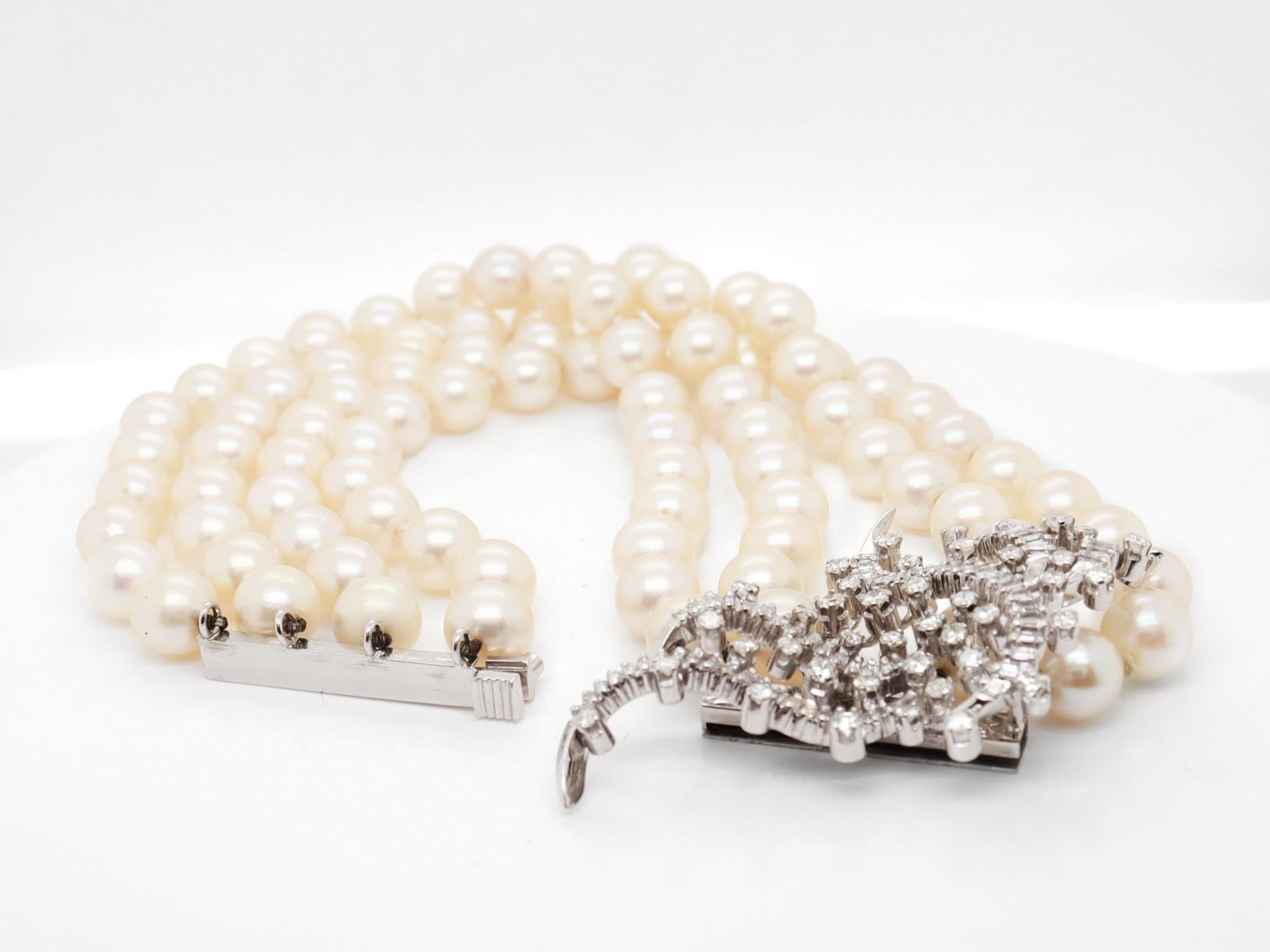 Retro 4-Strand Cultured Pearl, 18k White Gold, and Diamond Bracelet For Sale 1