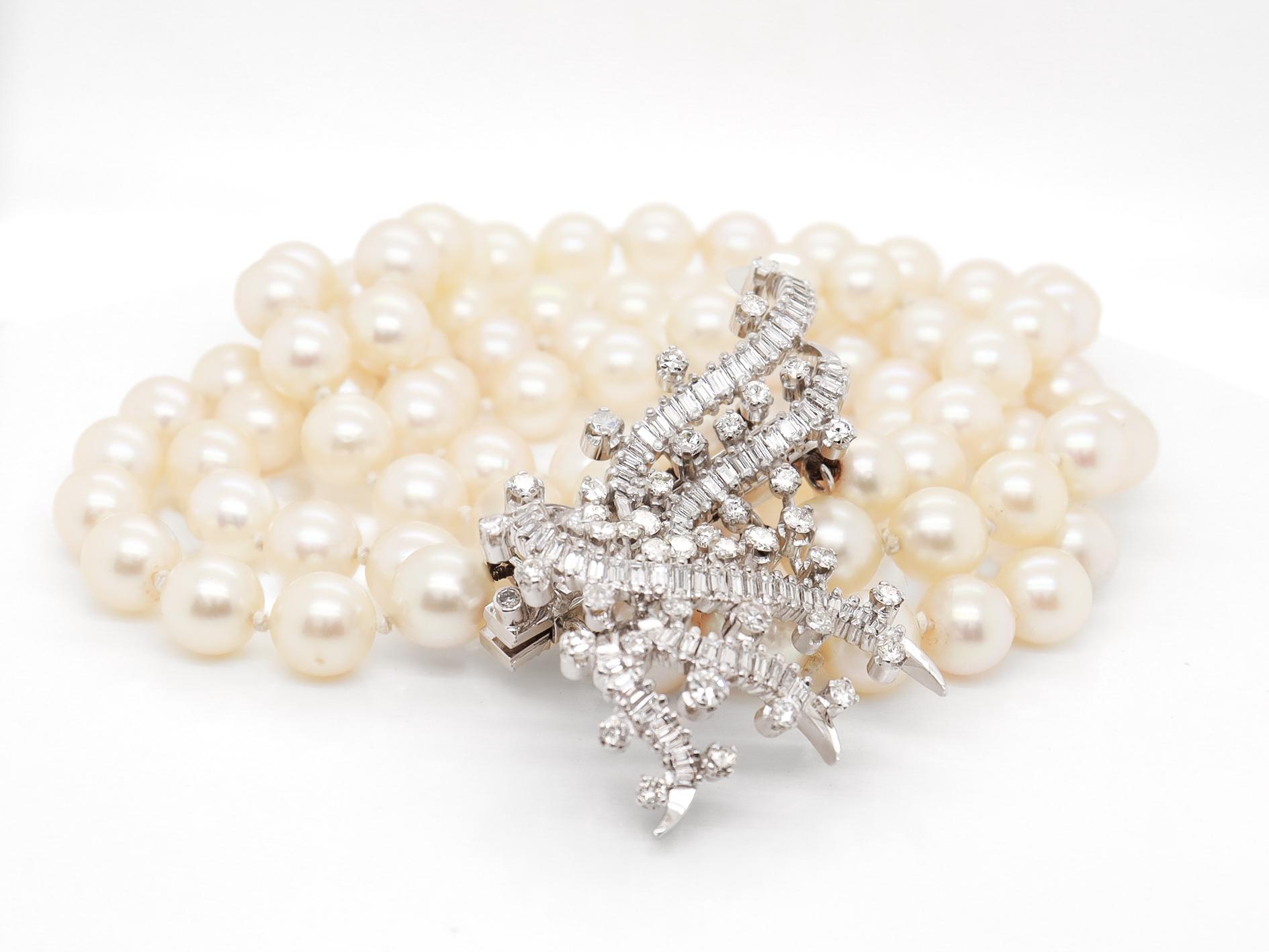 Retro 4-Strand Cultured Pearl, 18k White Gold, and Diamond Bracelet For Sale 2