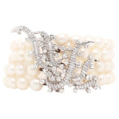 Pulsera Retro de 4 Pulseras de Perlas Cultivadas, Oro Blanco de 18k y Diamantes