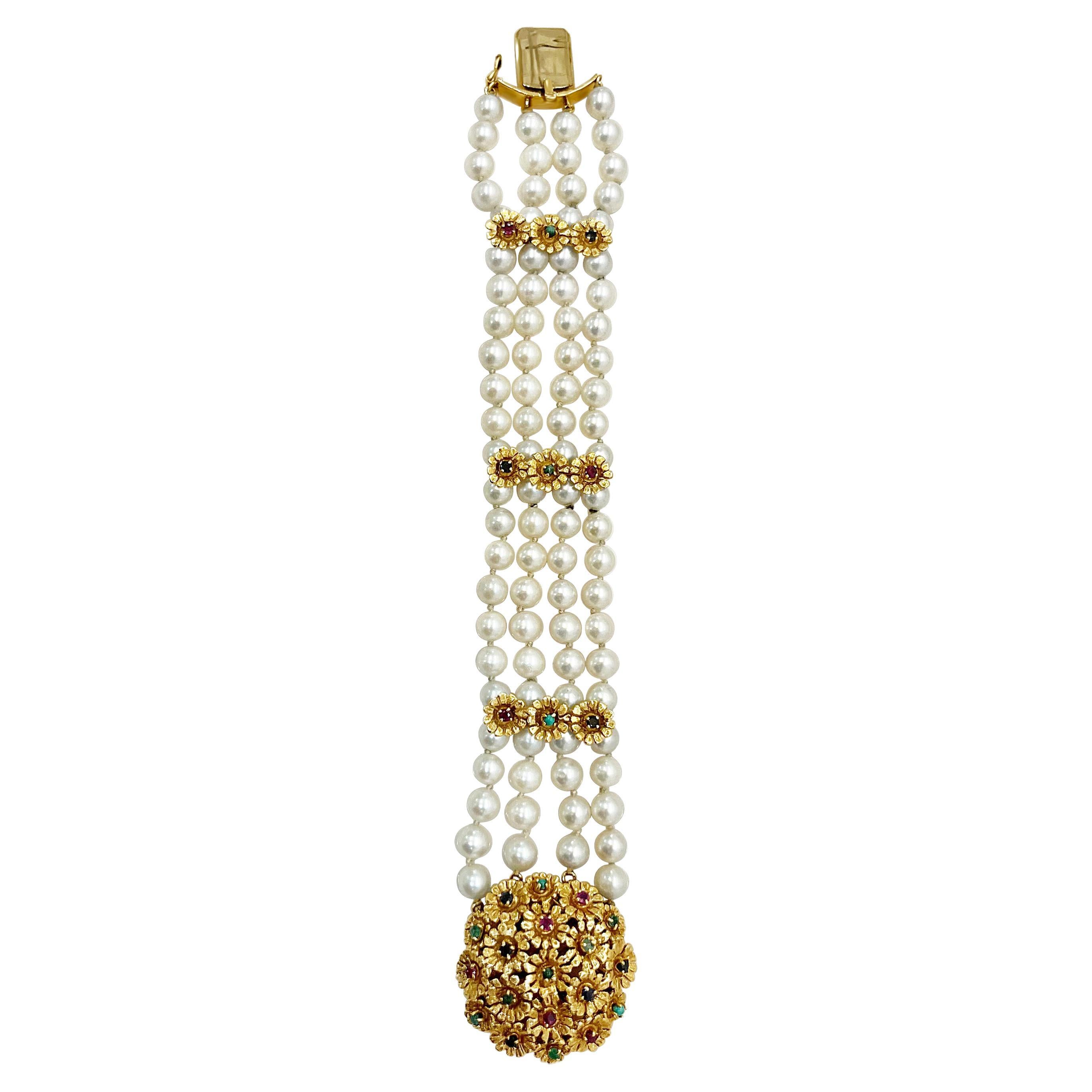 Retro 4-String Freshwater South Sea Pearl and Gemstone 18K Gold Bracelet