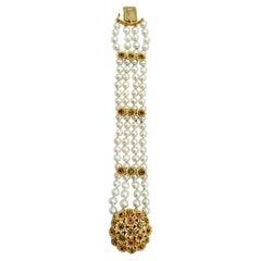 Vintage Retro 4-String Freshwater South Sea Pearl and Gemstone 18K Gold Bracelet