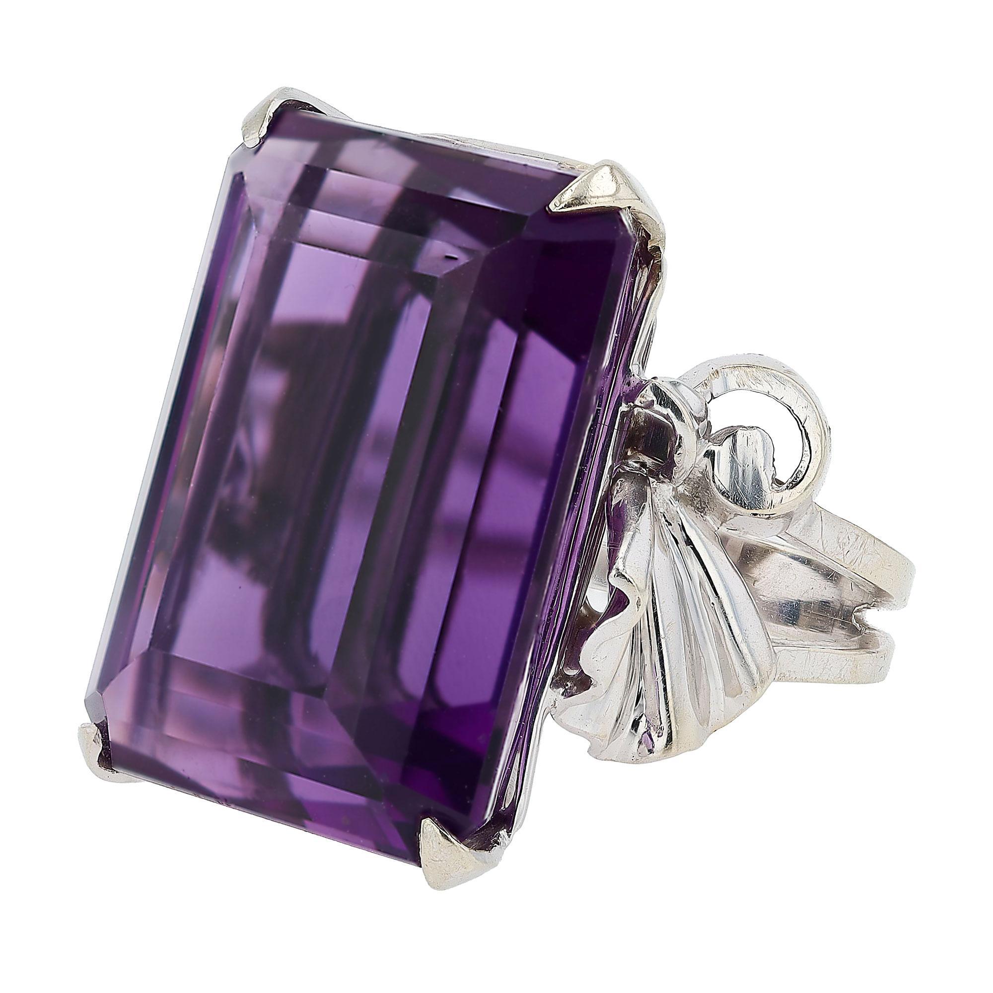 Emerald Cut Retro 40 Carat Amethyst and 14k White Gold Cocktail Ring