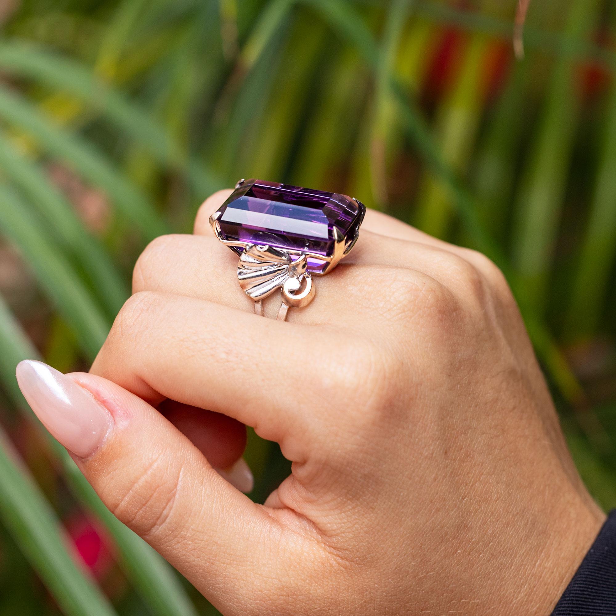 Retro 40 Carat Amethyst and 14k White Gold Cocktail Ring In Good Condition In Santa Barbara, CA