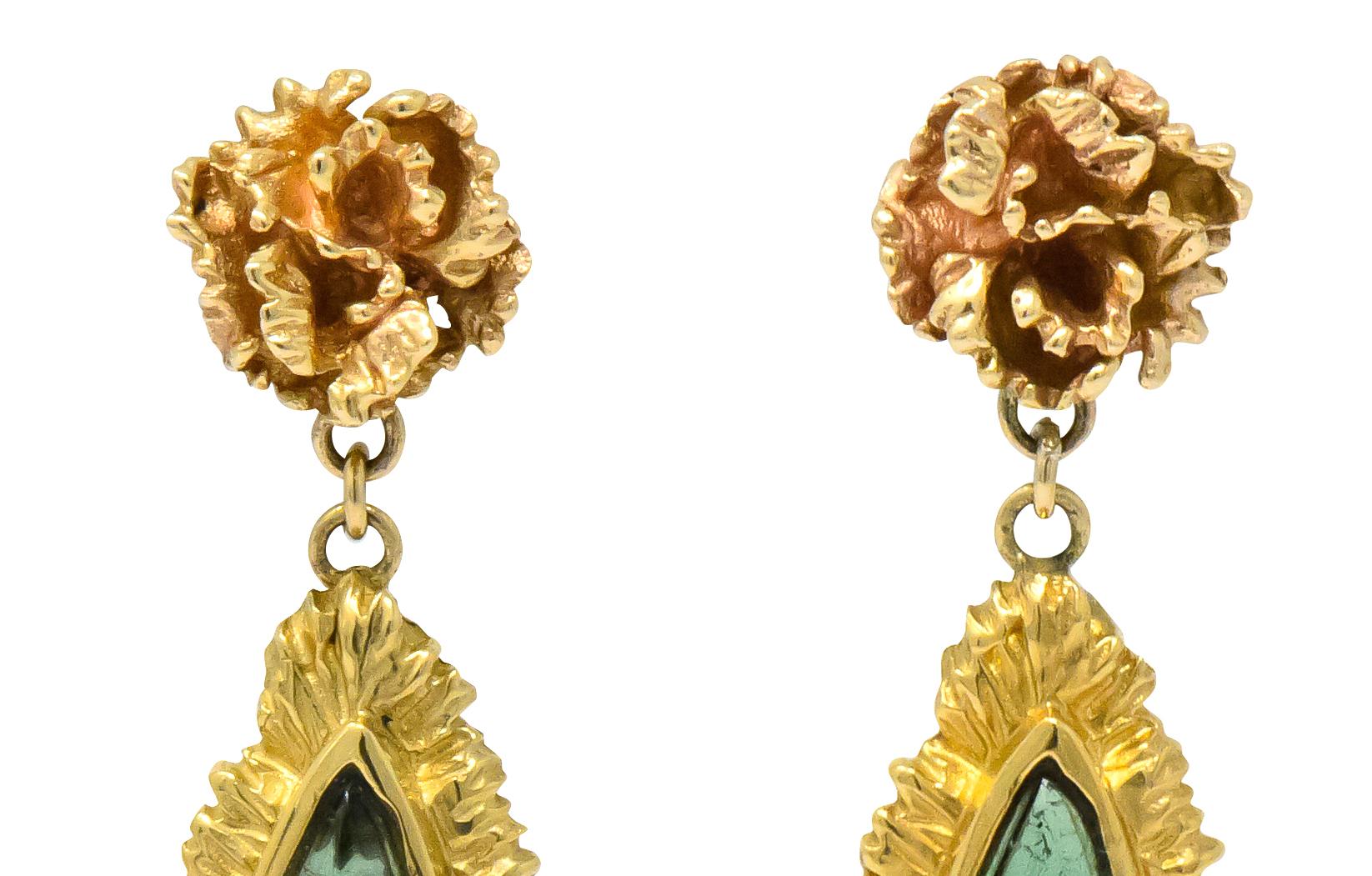 Women's or Men's Retro 4.00 Carat Tourmaline 14 Karat Gold Drop Earrings