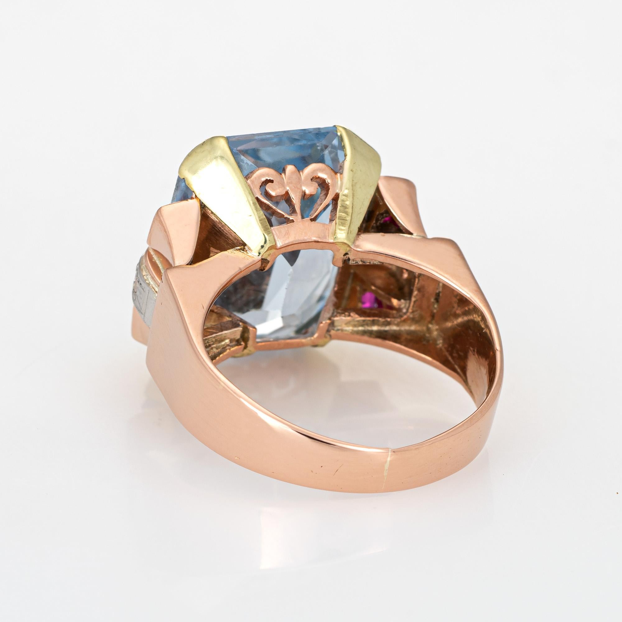 Emerald Cut Retro 40s Blue Topaz Ruby Diamond Ring Vintage 18k Rose Gold Pinky Cocktail 3.5