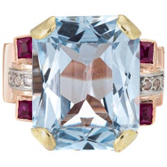 Retro 40s Blue Topaz Ruby Diamond Ring Vintage 18k Rose Gold Pinky Cocktail 3.5