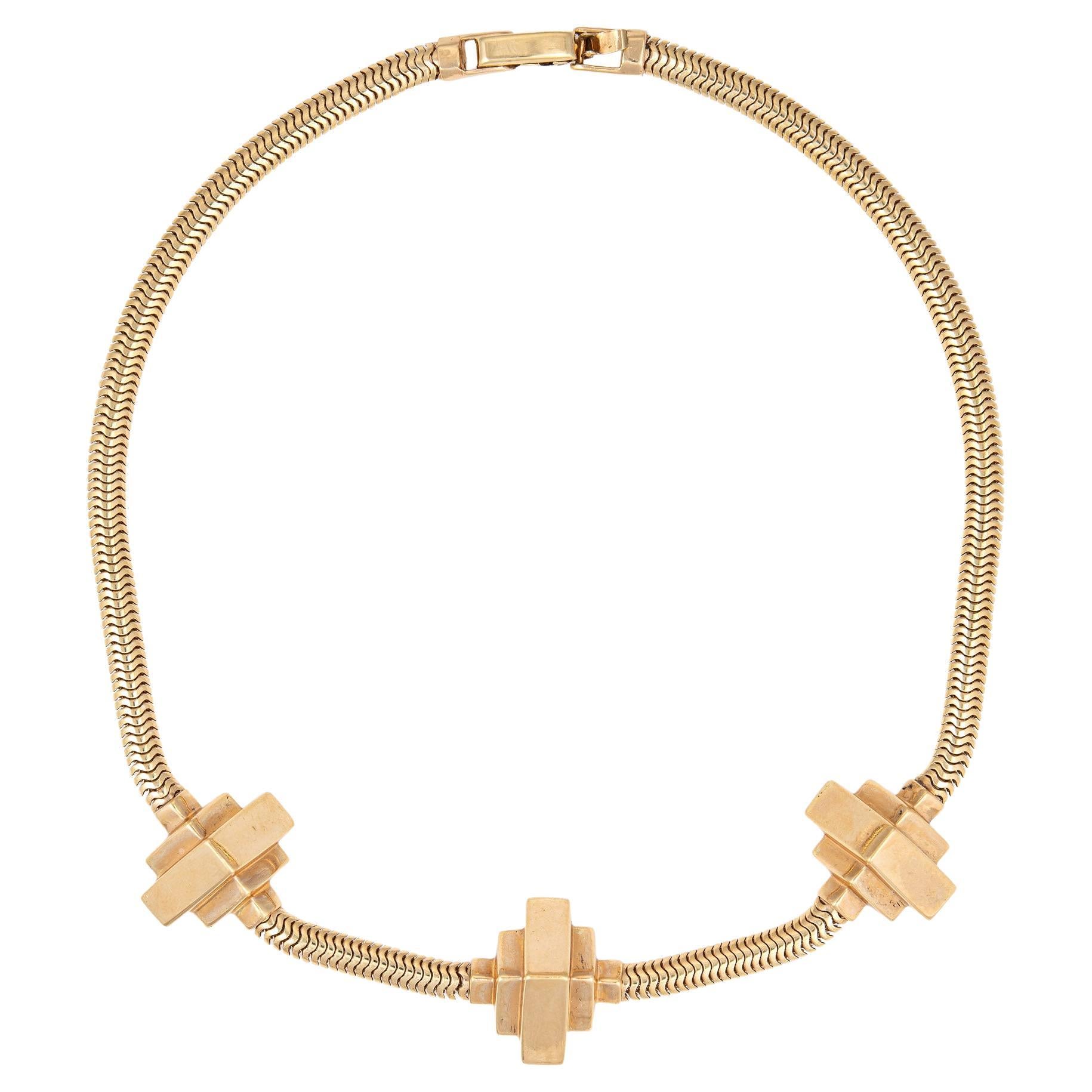 Retro 40s Necklace 14k Gold Snake Chain Geometric Stations For Sale